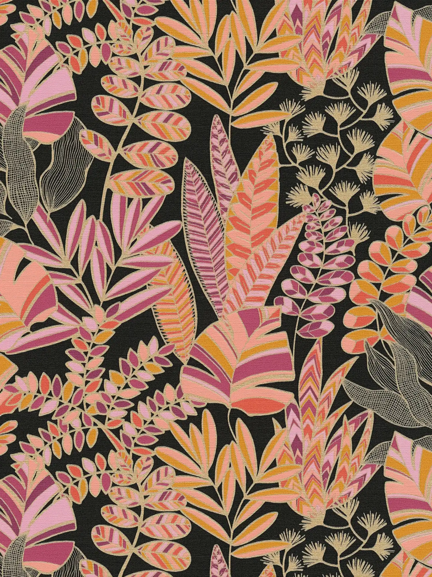 Vliestapete im auffälligen Stil mit großen Blättern – Schwarz, Pink, Orange
