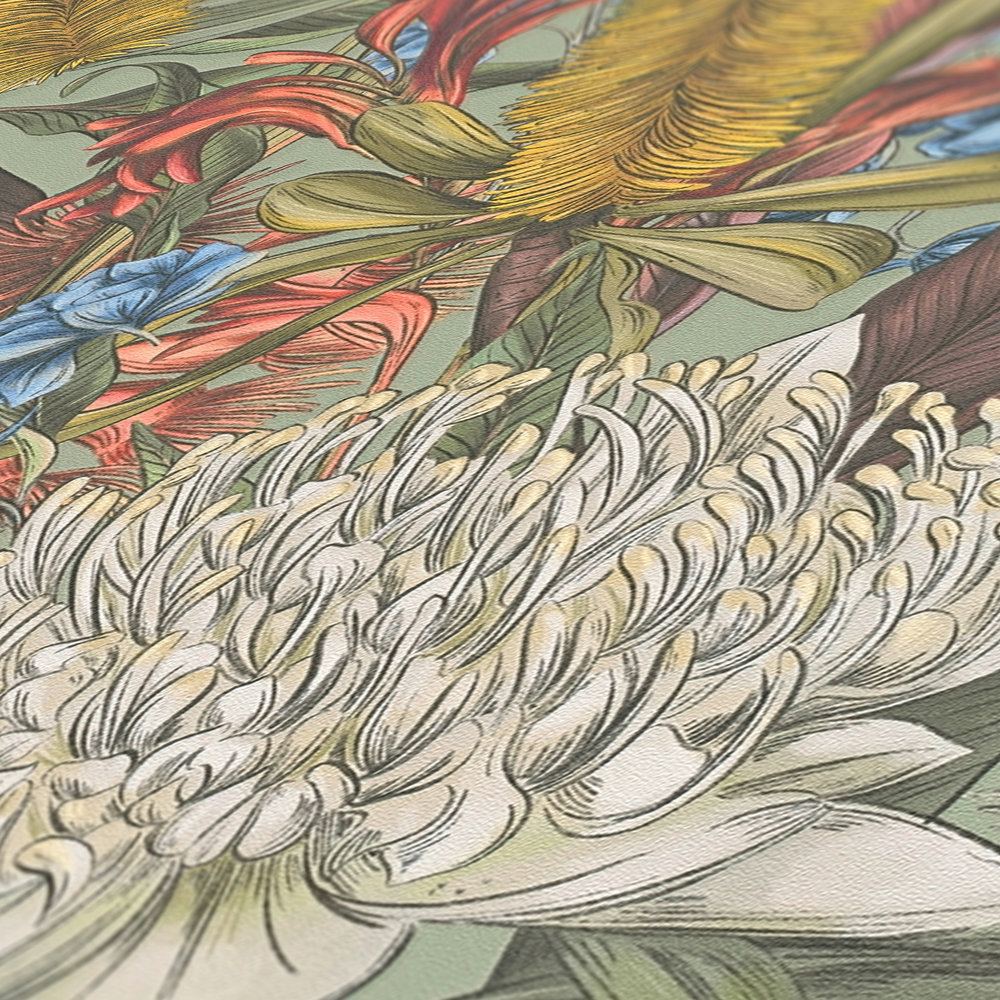             Florale Tapete im Dschungel Stil mit Blättern & Blüten strukturiert matt – Bunt, Grün, Gelb
        
