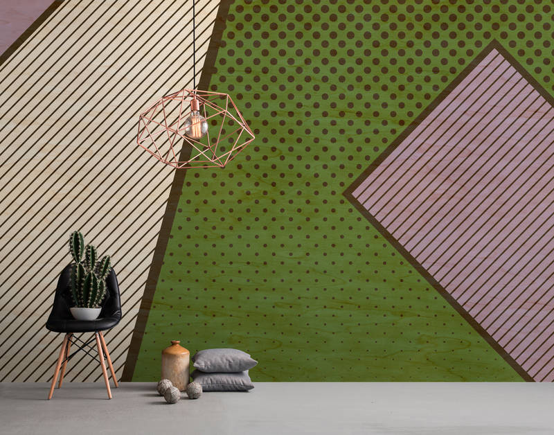             Bird gang 3 - Abstrakte Fototapete in Sperrholz Struktur mit bunte Farbflächen – Beige, Grün | Mattes Glattvlies
        