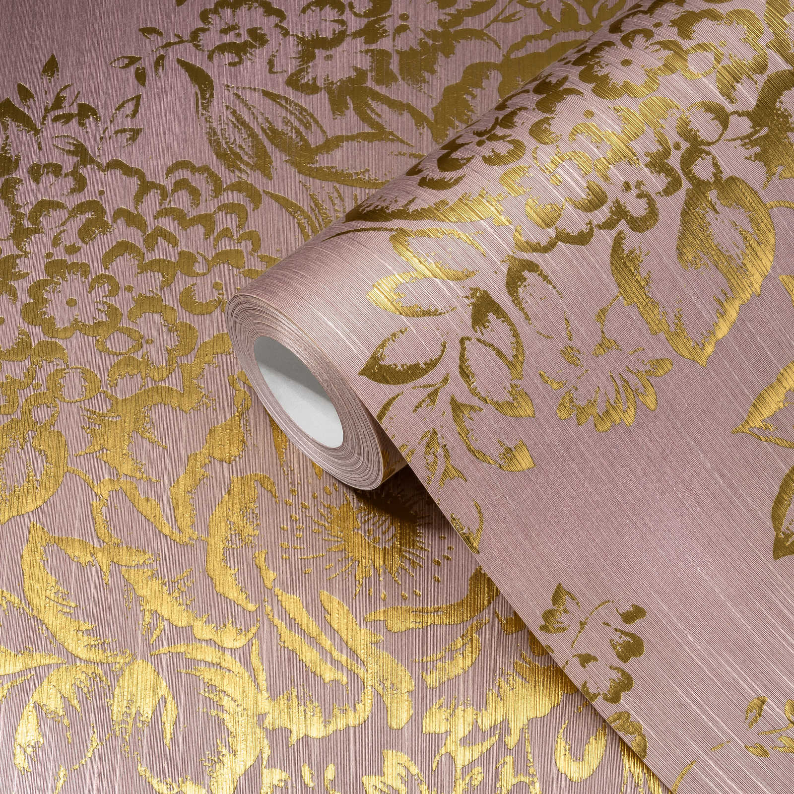             Strukturtapete mit goldenem Blütenmuster – Gold, Rosa
        