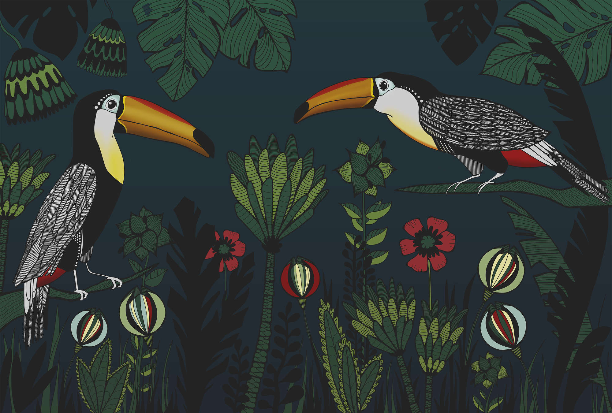             Fototapete Dschungel Muster mit Vögeln im Zeichenstil
        