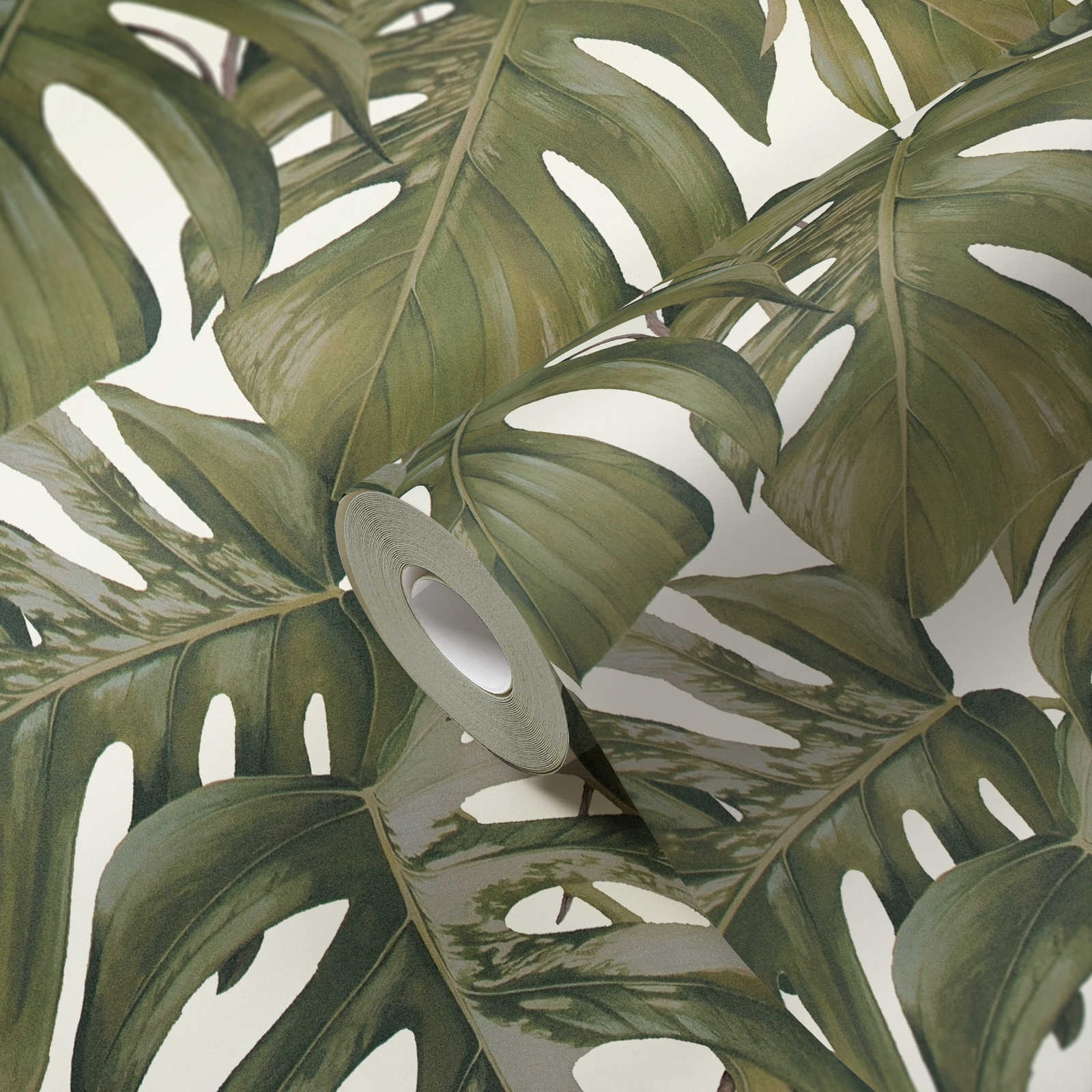             Vliestapete Monstera Blätter Muster – Grau, Grün, Weiß
        