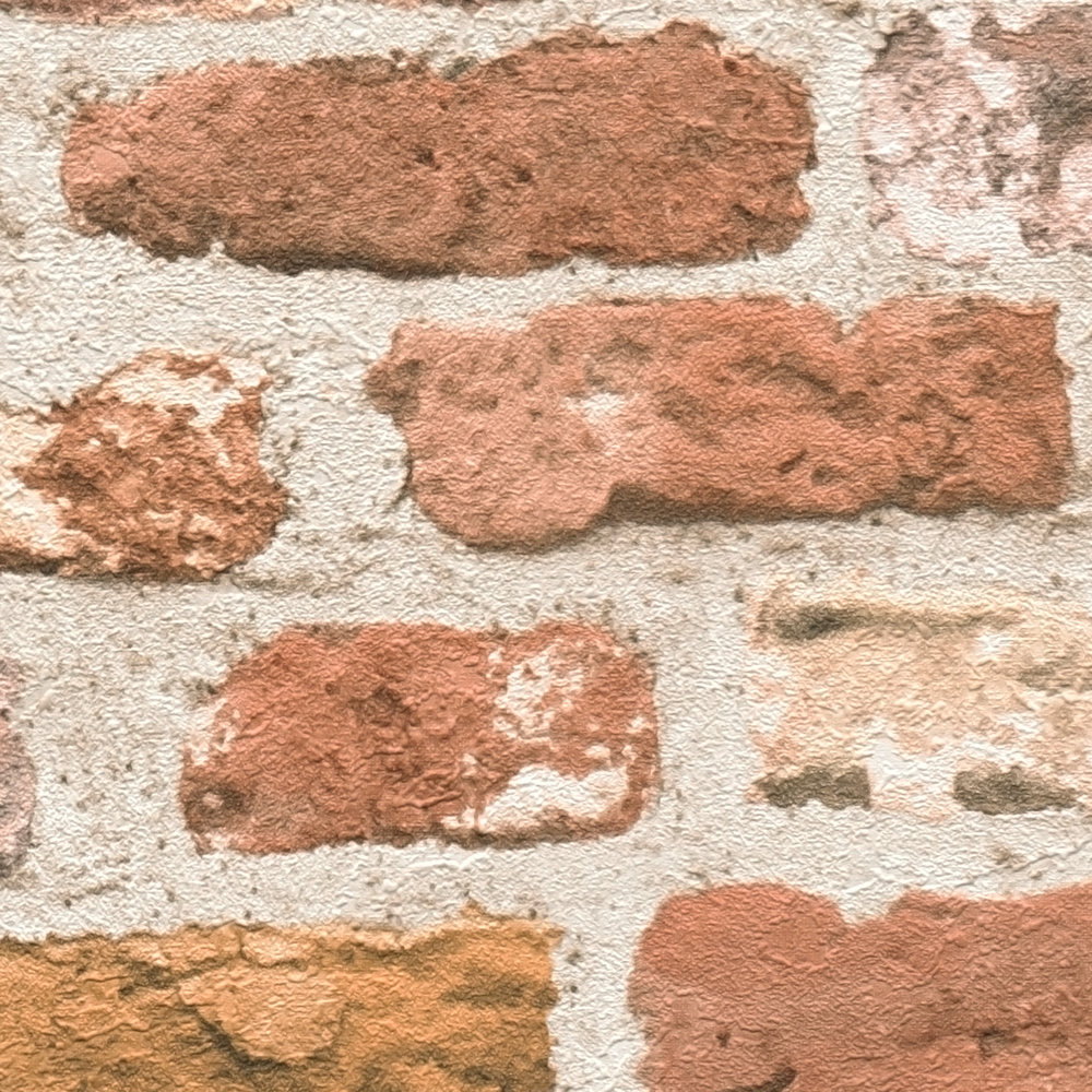             Steinoptik Tapete rote Ziegelmauer mit 3D Effekt – Creme, Rot
        