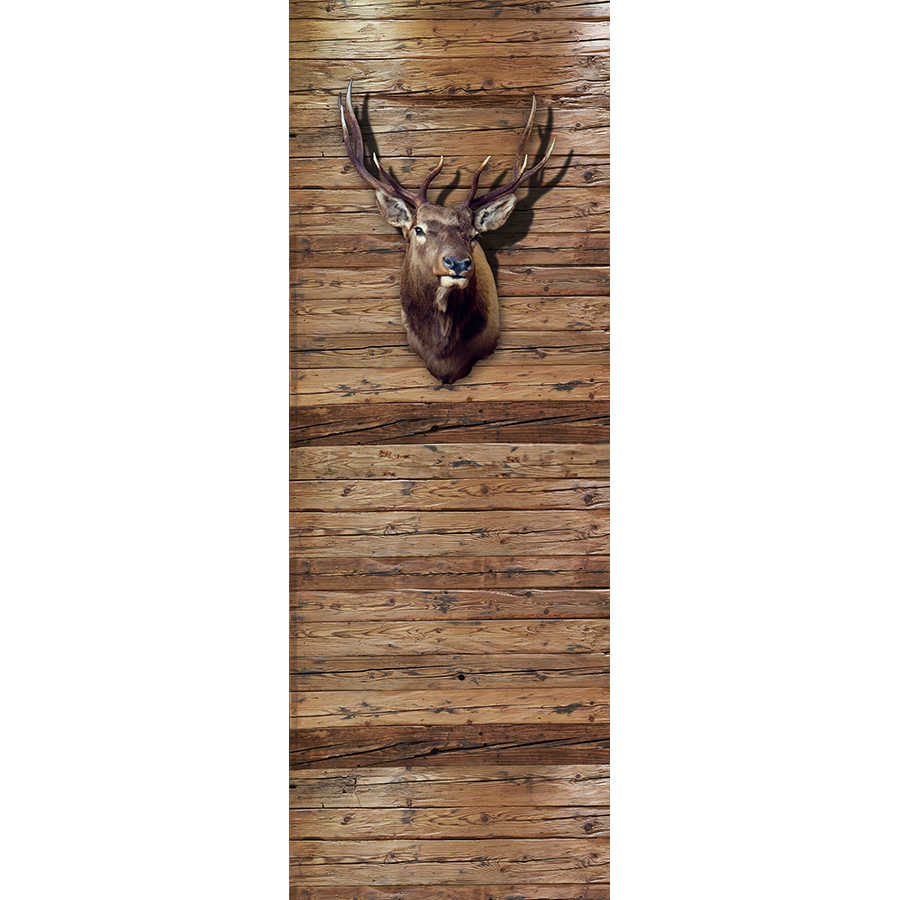 Moderne Fototapete Holzwand mit Hirschkopf auf Premium Glattvlies
