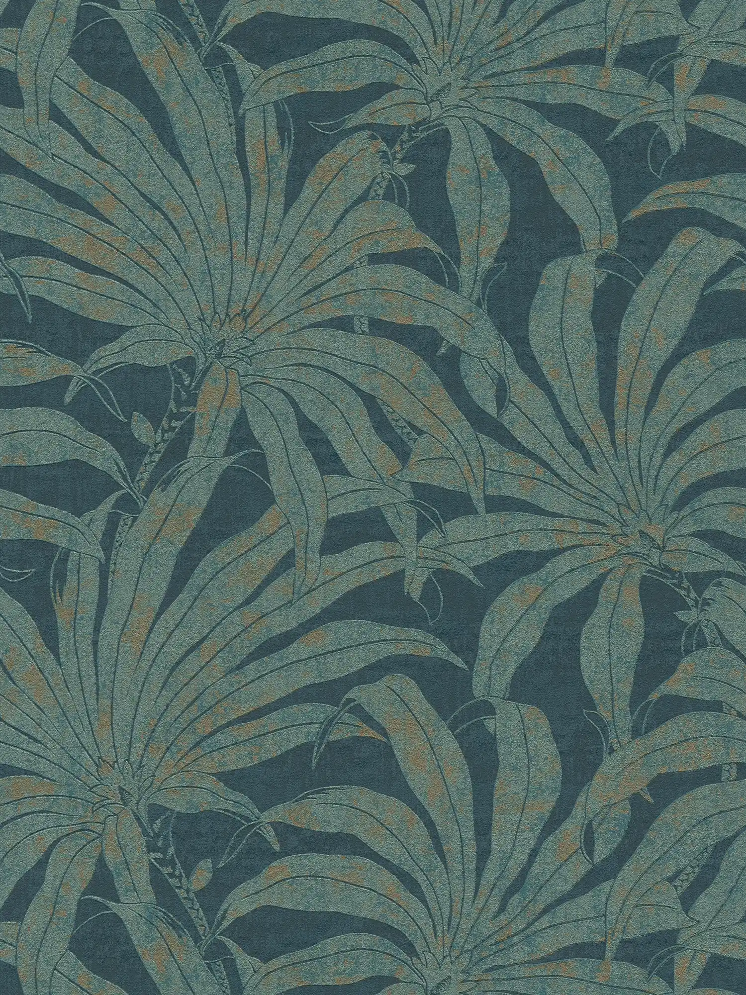 Florale Mustertapete mit botanischen Dschungelblättern – Petrol, Gold, blau
