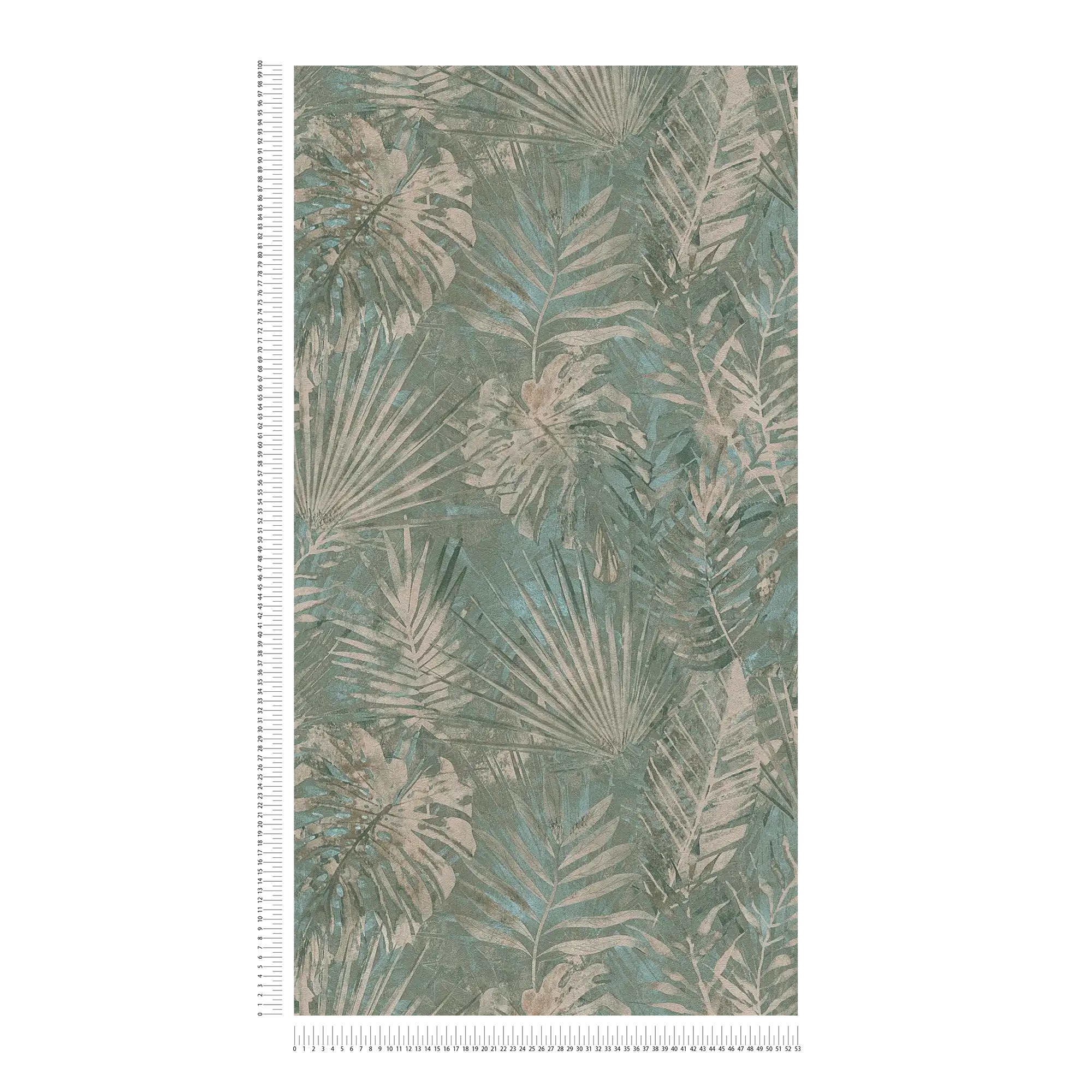             PVC-freie Tapete mit Dschungelmuster im Used-Look – Grün, Blau, Beige
        
