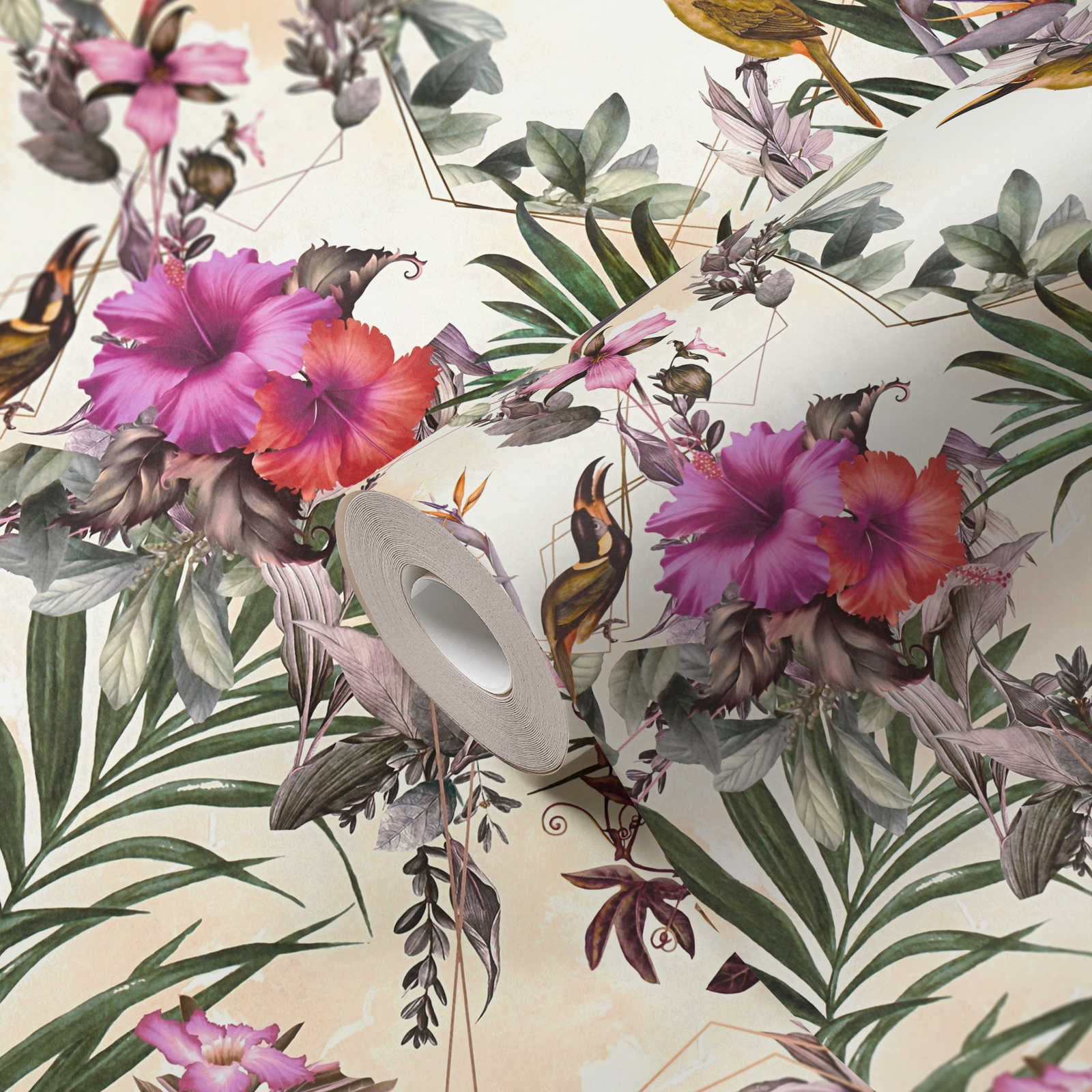            Designtapete Blumen & Vögel im Art Stil – Beige, Grün, Rosa
        