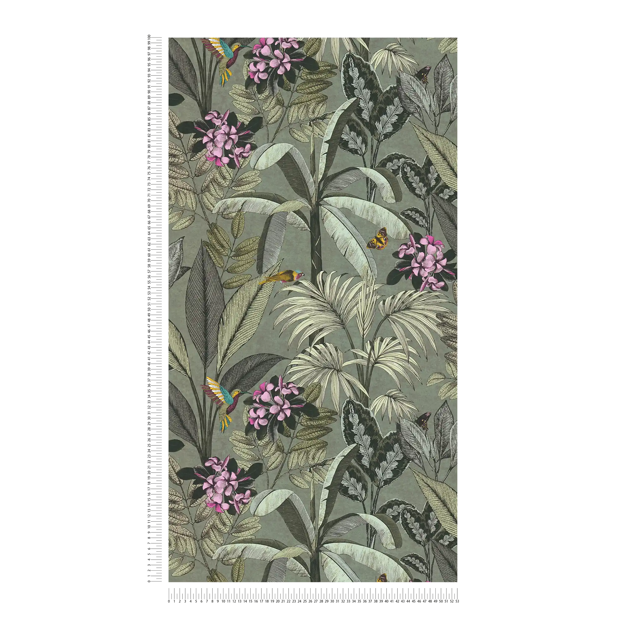             Dschungel Tapete Blätter, Blumen und Vögel – Grau, Grün
        