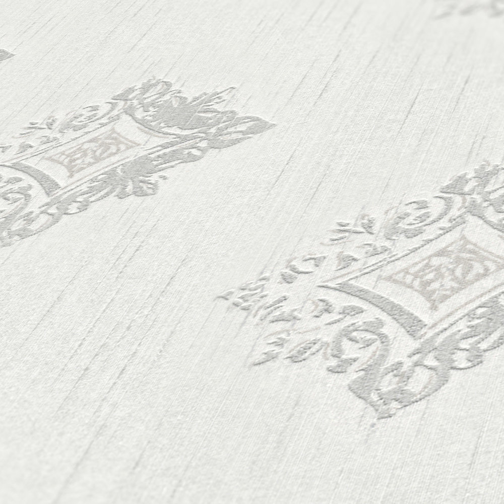            Vliestapete Putzoptik mit Stuck-Ornamenten & Rauten Muster – Grau, Weiß
        