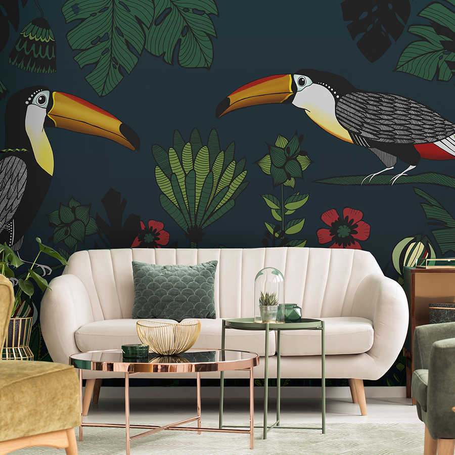 Fototapete Dschungel Muster mit Vögeln im Zeichenstil

