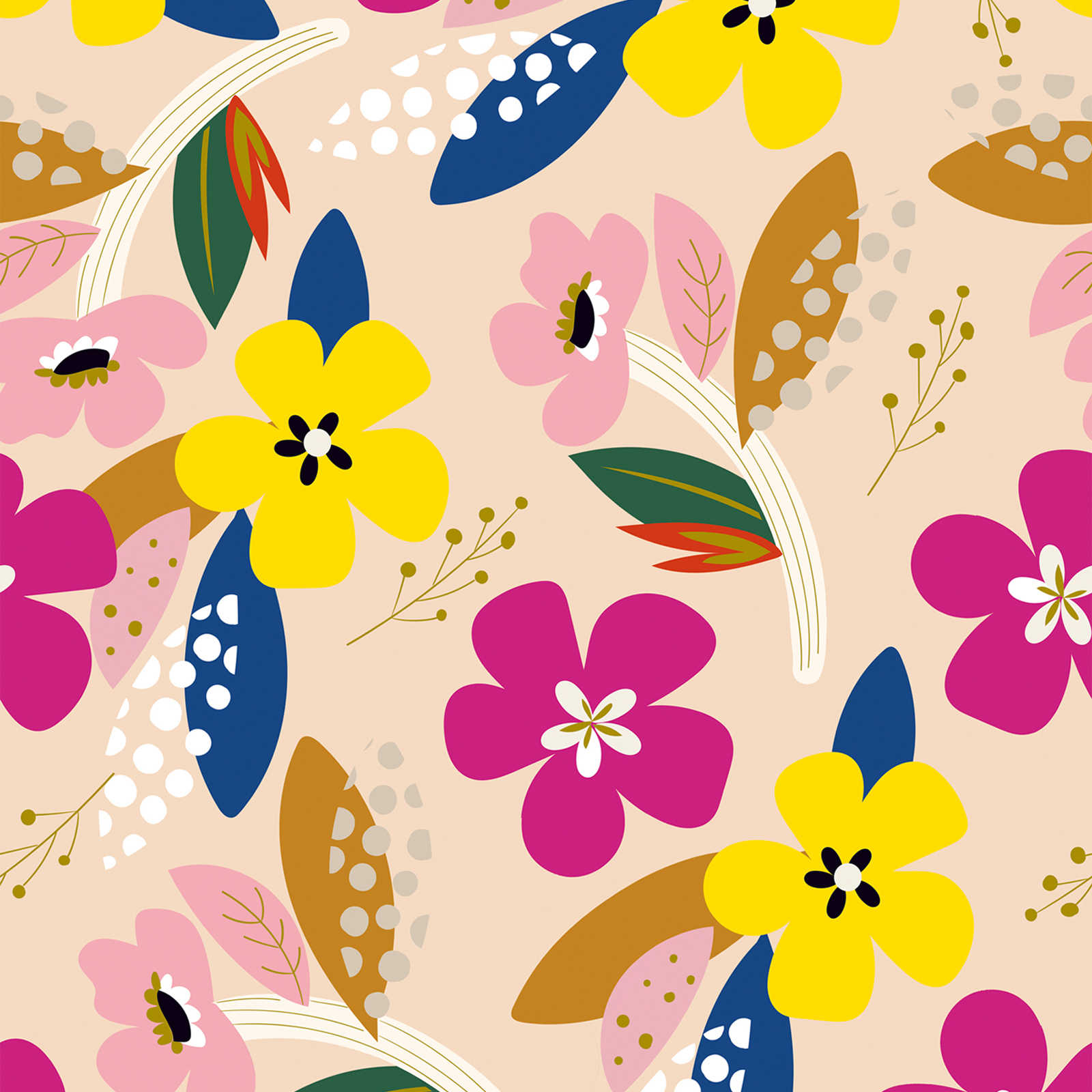 Tapete mit buntem Blumenmuster in kräftigen Farben – Bunt, Beige, Gelb
