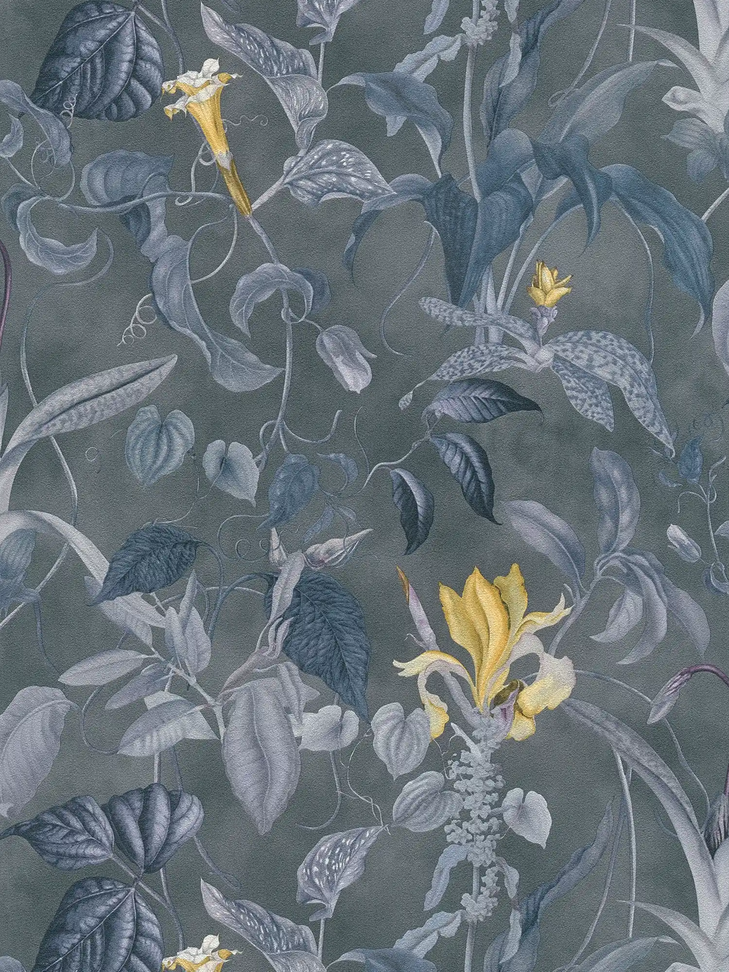 Tropische Blumentapete Grau-Blau, Design by MICHALSKY
