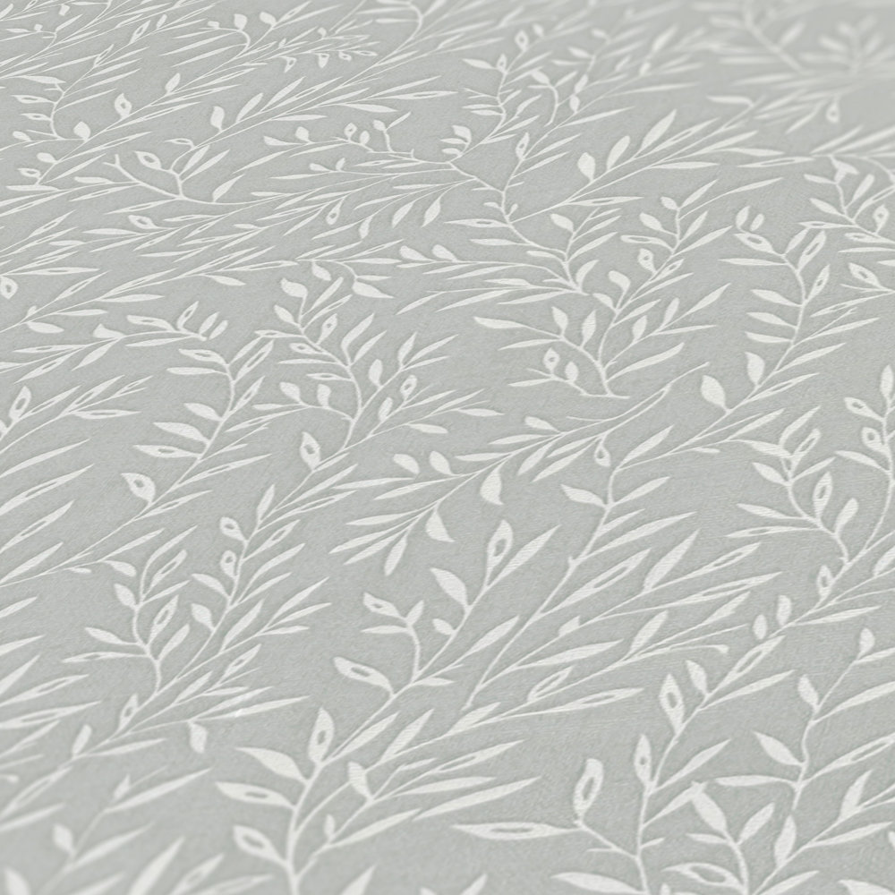             Tapete mit Blätterranken im Landhausstil – Grau, Weiß
        