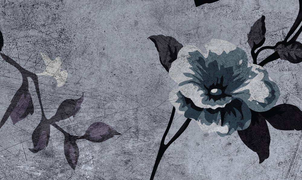             Wild roses 6 - Rosen Fototapete im Retrolook, Grau in kratzer Struktur – Blau, Violett | Perlmutt Glattvlies
        