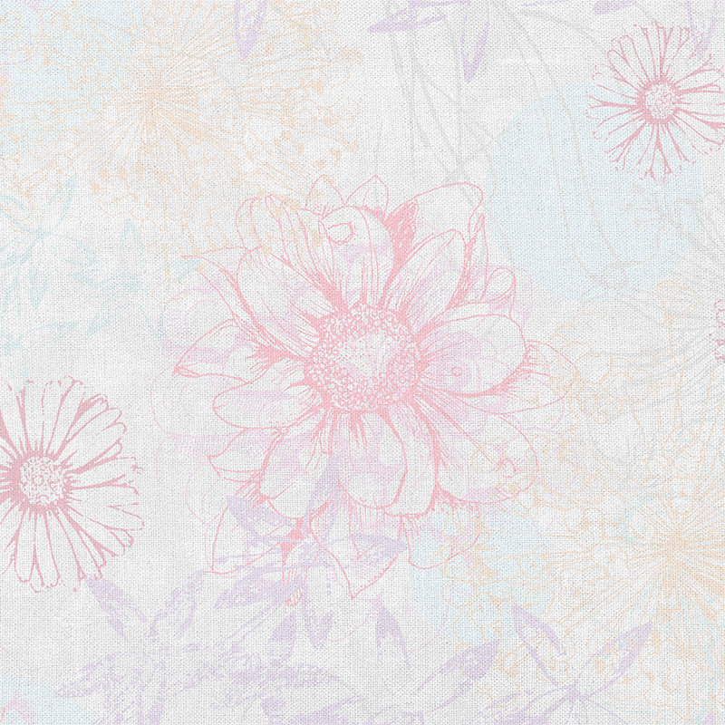         Fototapete mit Leinenoptik & Blütenmuster – Rosa, Weiß, Blau
    