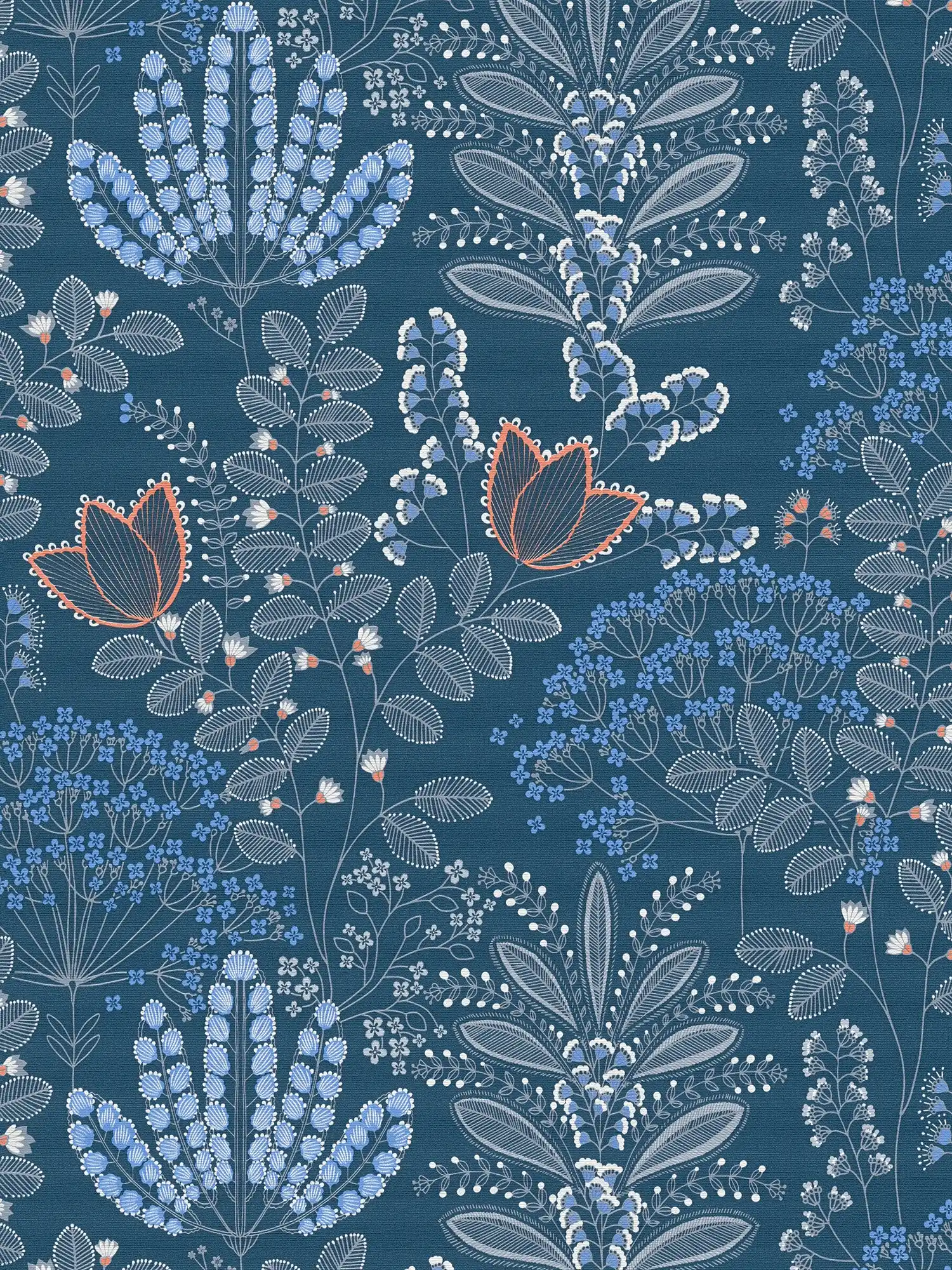         Vliestapete floral mit Blättern im Retro-Look leicht strukturiert, matt – Blau, Weiß, Grau
    
