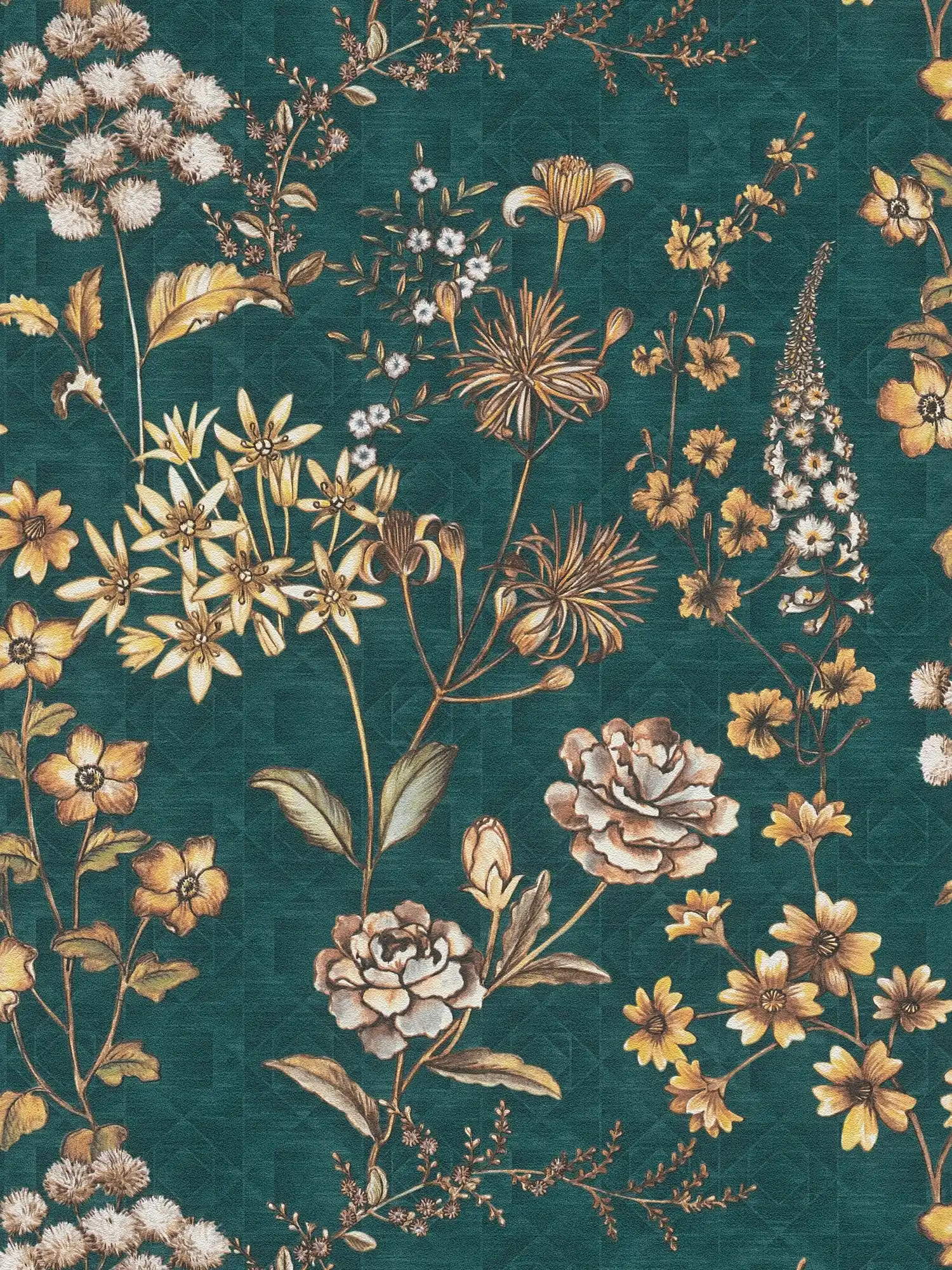 Florale Vliestapete mit Blumenmuster auf grafischen Hintergrund – Petrol, Orange, Gelb
