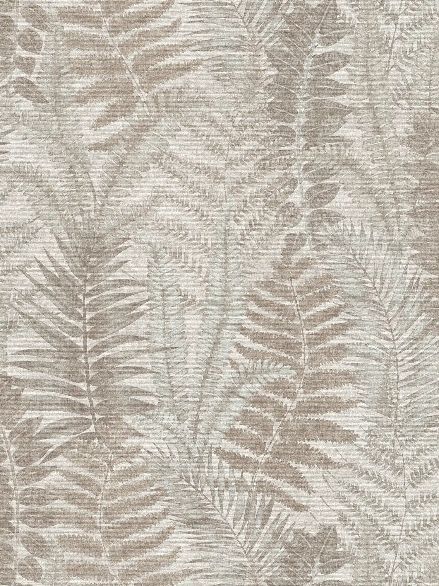 Florale Vliestapete mit Farnblättern leicht strukturiert, matt – Grau, Beige, Taupe
