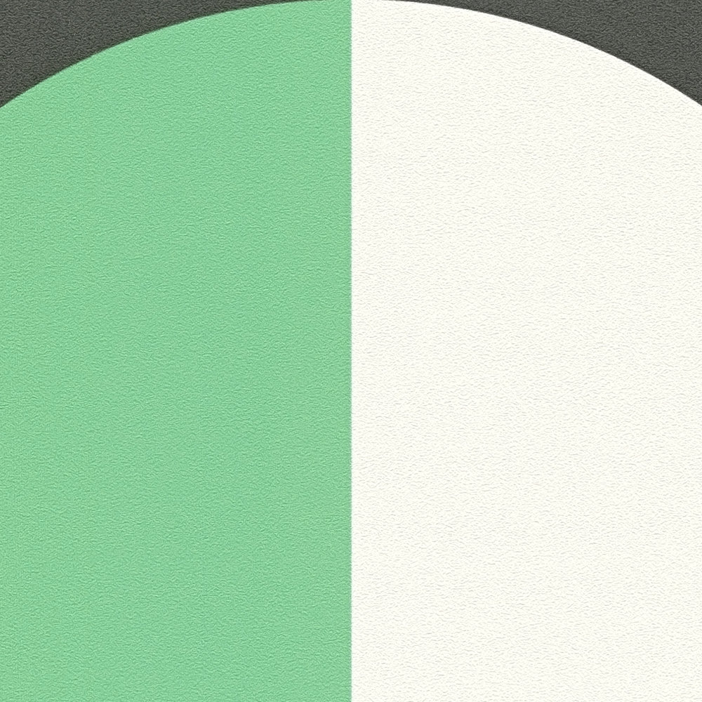             Kreismuster Vliestapete im Retro 70er Jahre Stil – Grün, Weiß, Schwarz
        