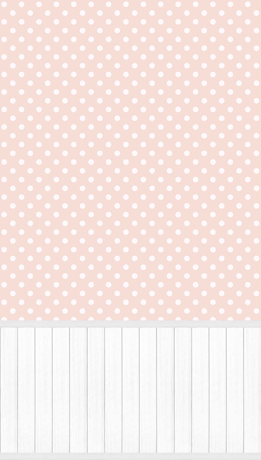             Vlies-Motivtapete mit Holz-Optik-Sockelborte und Punkte-Muster – Weiß, Grau, Rosa
        