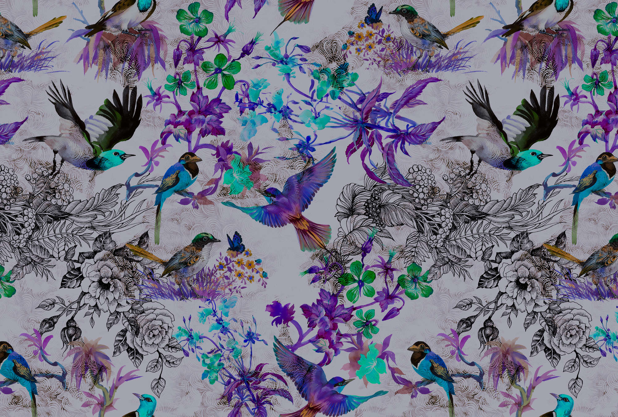             Violette Fototapete mit Blumen & Vögeln – Blau, Grau
        