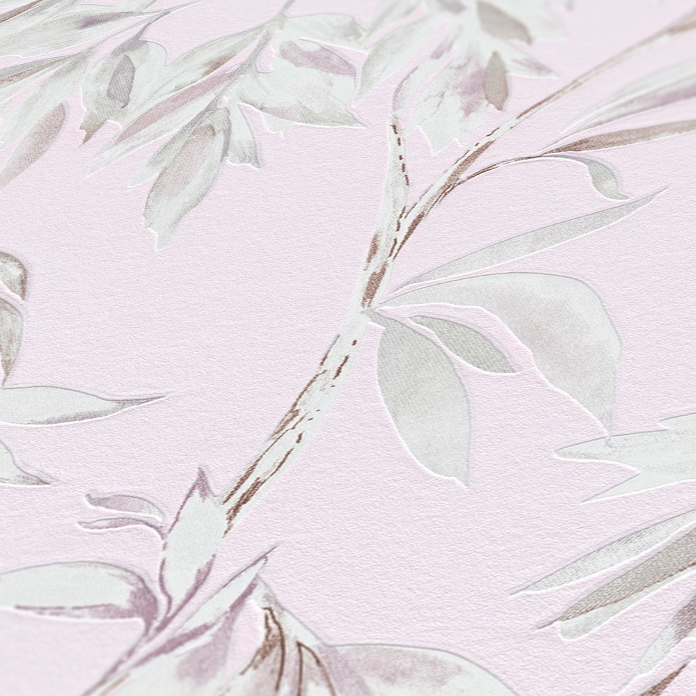             Blätter Tapete Rosa Design im Aquarell Stil – Violett
        
