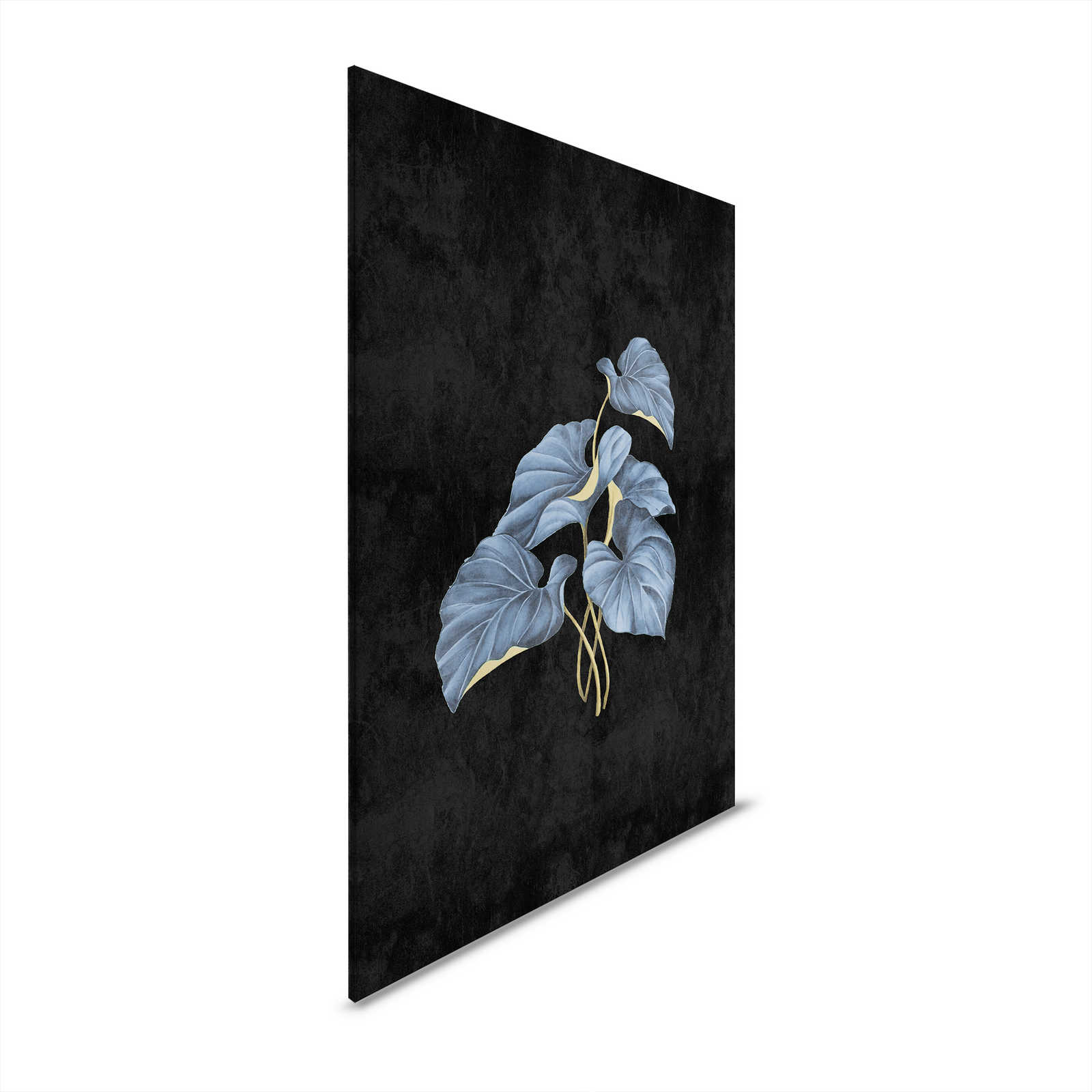 Fiji 1 - Schwarzes Leinwandbild Blaue Blätter mit Gold Akzent – 0,80 m x 1,20 m
