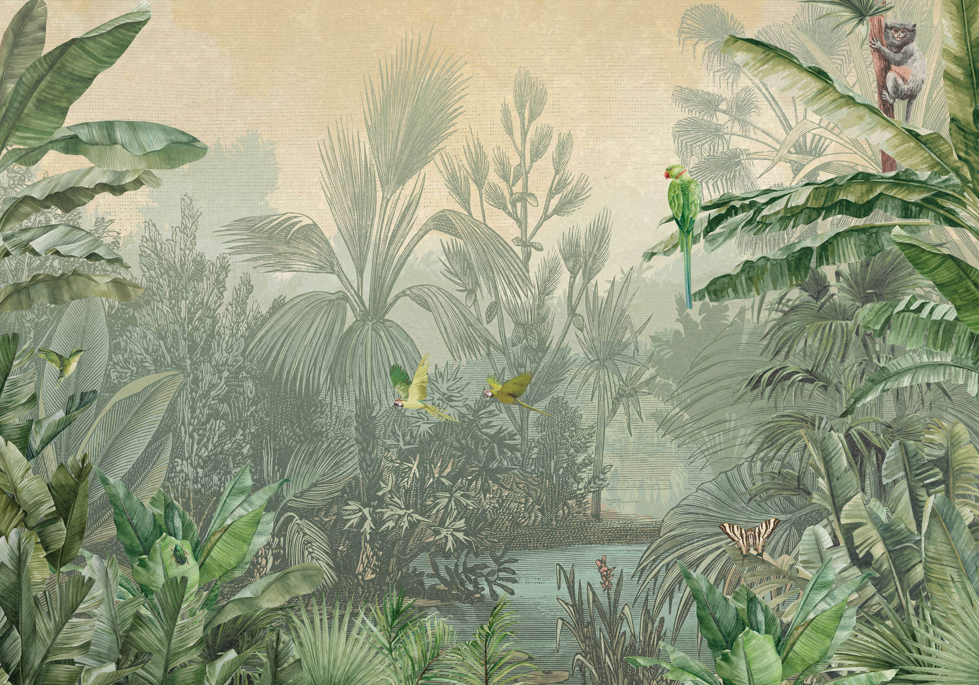             Grüne Fototapete Dschungel Palmen & Papageien im Zeichenstil
        