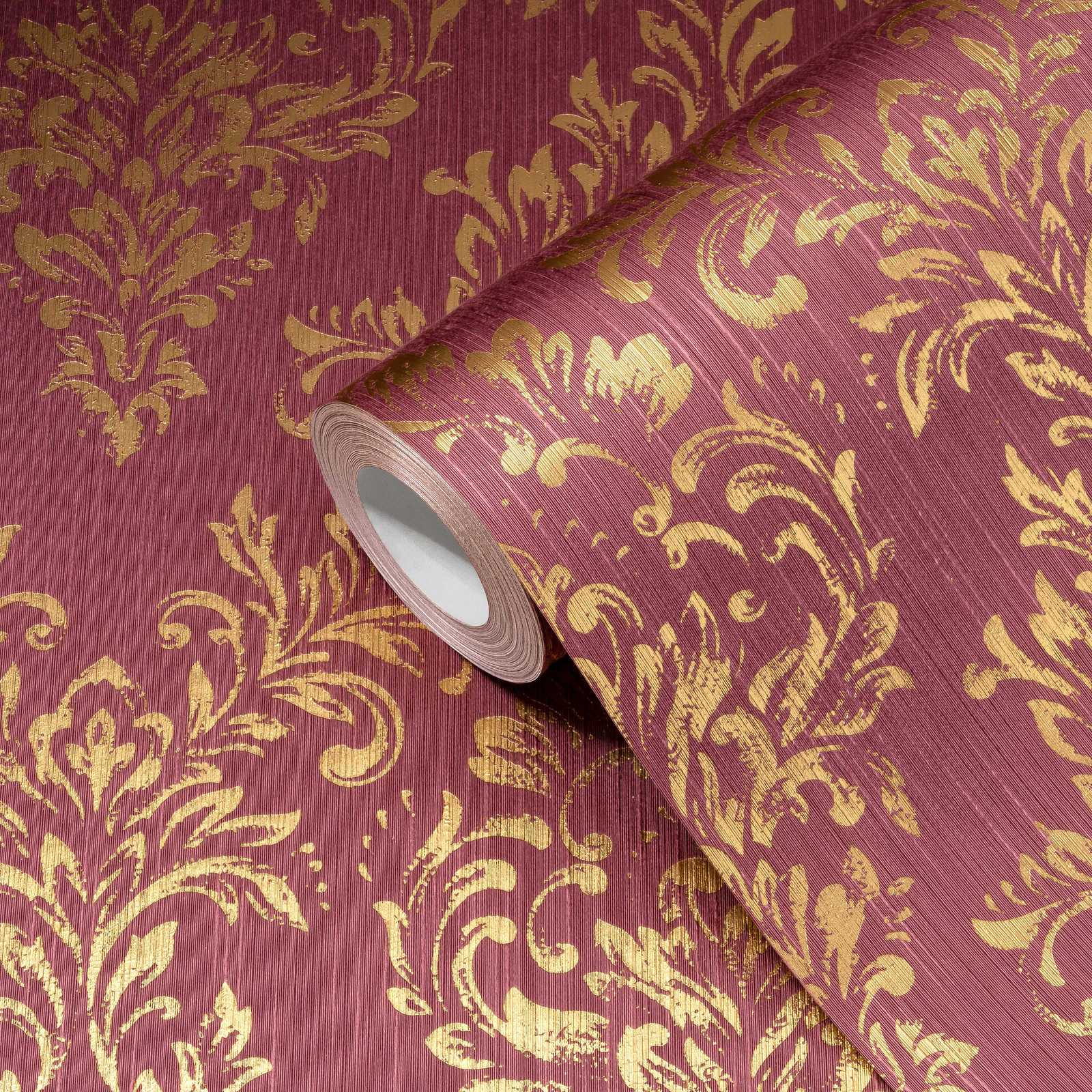             Ornament-Tapete floral mit goldenem Glitzer-Effekt – Gold, Rot
        