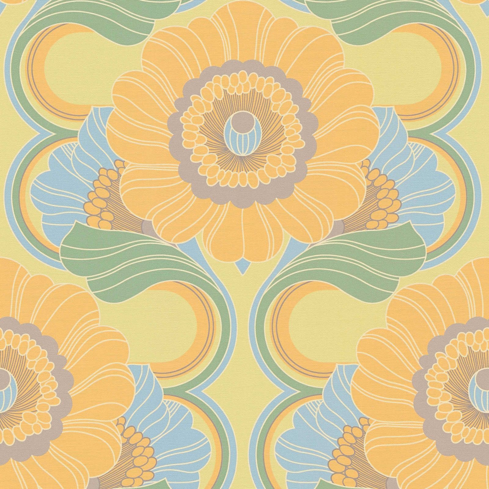 leicht strukturierte Retro Tapete mit floralem Muster – Blau, Gelb, Grün

