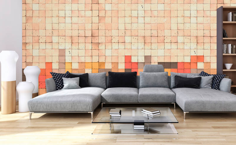             Fototapete Tetris-Stil, 3D Beton, Würfel Mosaik – Gelb, Orange, Rot
        