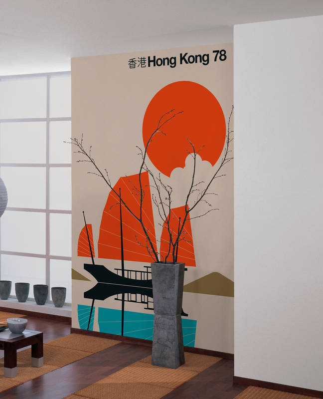             Fototapete Honkong Hafen im Retro Print Design
        