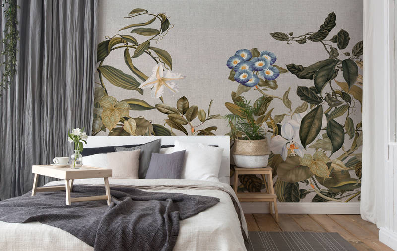             Fototapete Botanical Stil Blüten, Blättern & Textil-Look – Grün, Grau, Blau
        