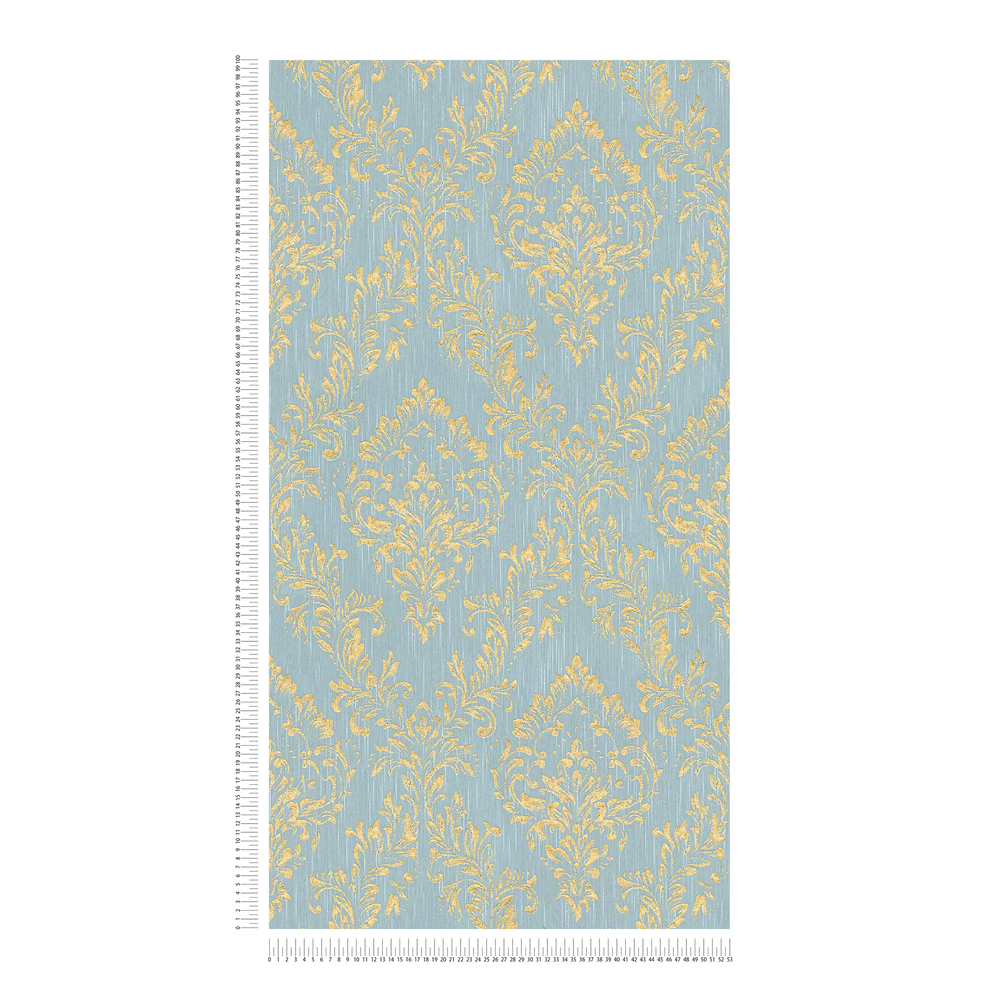             Ornament-Tapete floral mit goldenem Glitzer-Effekt – Gold, Blau, Grün
        