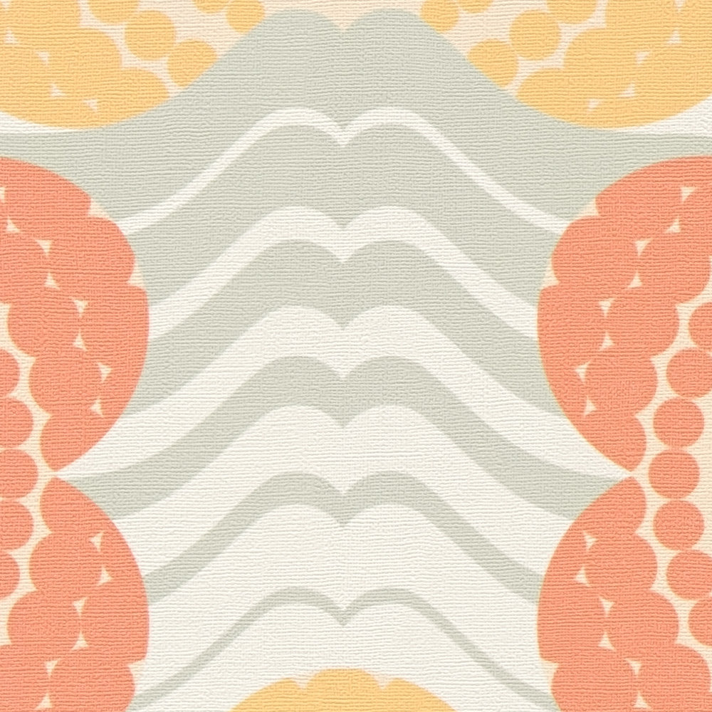             Retro Vliestapete mit Wellen und Blumen Muster – Orange, Gelb, Grün
        