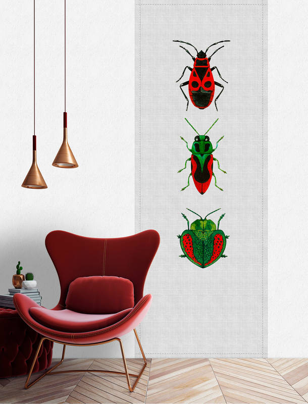             Buzz panels 3 - Digitaldruckpaneel mit bunten Käfern- Naturleinen Struktur – Grau, Grün | Struktur Vlies
        