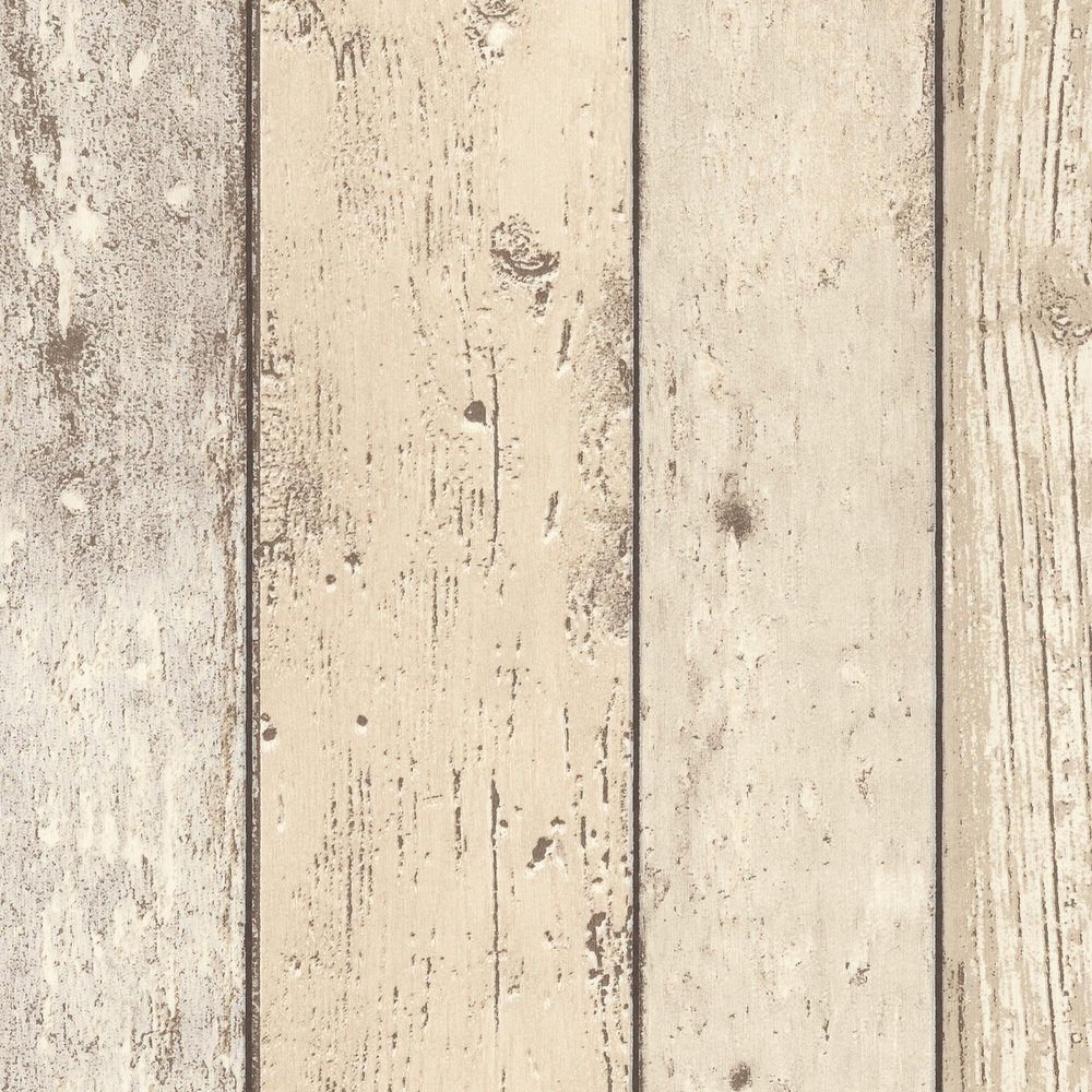             Rustikale Bretter-Tapete mit Holzbrettern im Used-Look – Beige, Braun, Weiß
        
