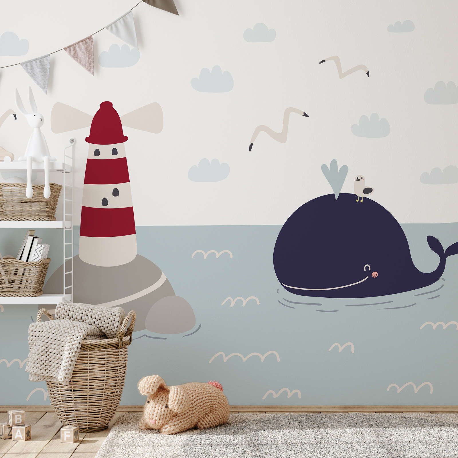            Fototapete fürs Kinderzimmer mit Leuchturm und Wal – Strukturiertes Vlies
        