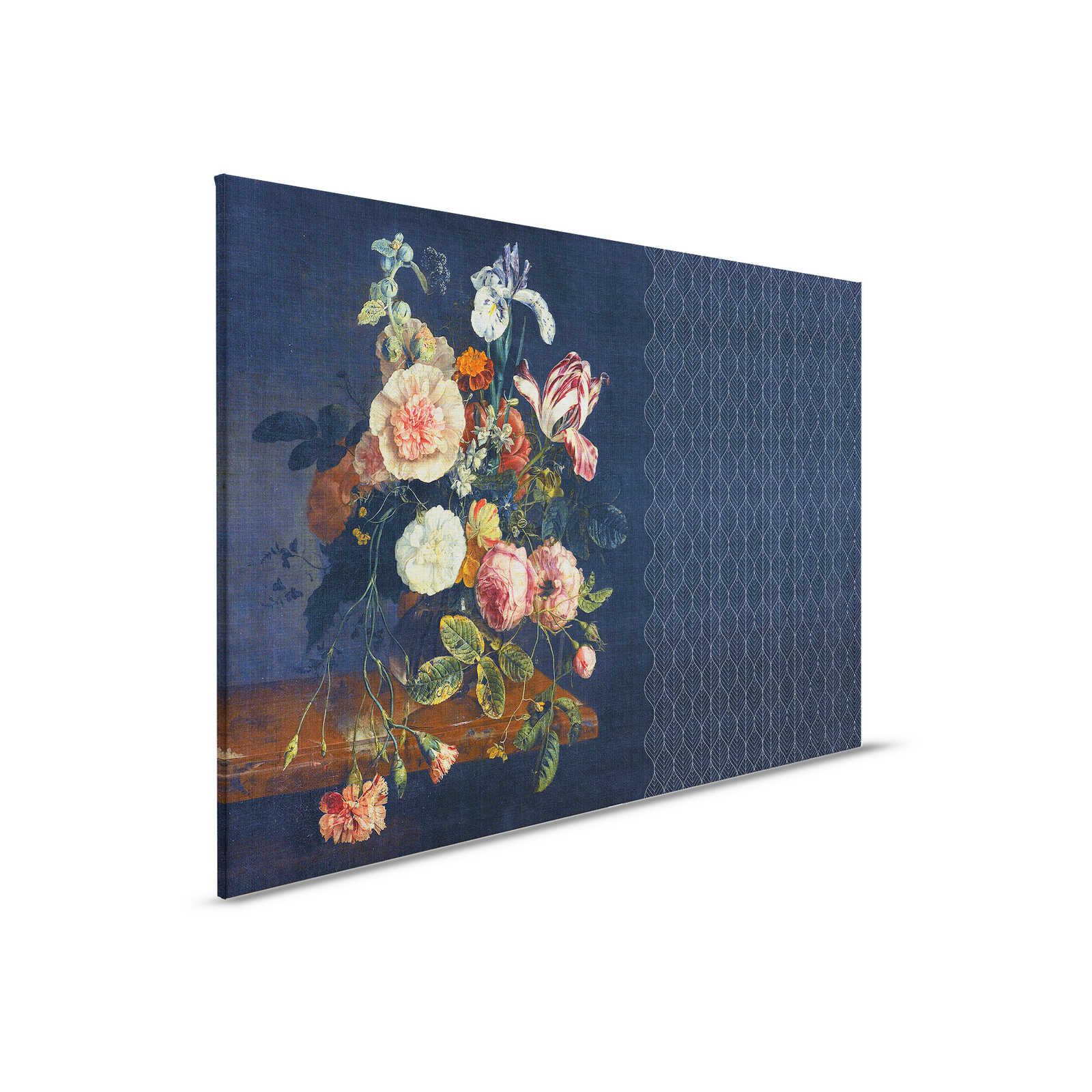 Cortina 2 - Dunkelblaues Leinwandbild Art Deko Muster mit Blumenstrauß – 0,90 m x 0,60 m
