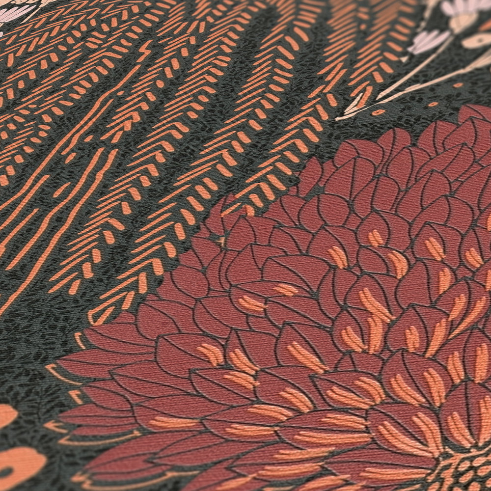             Vliestapete floral mit Blättern leicht strukturiert, matt – Schwarz, Rot, Rosa
        