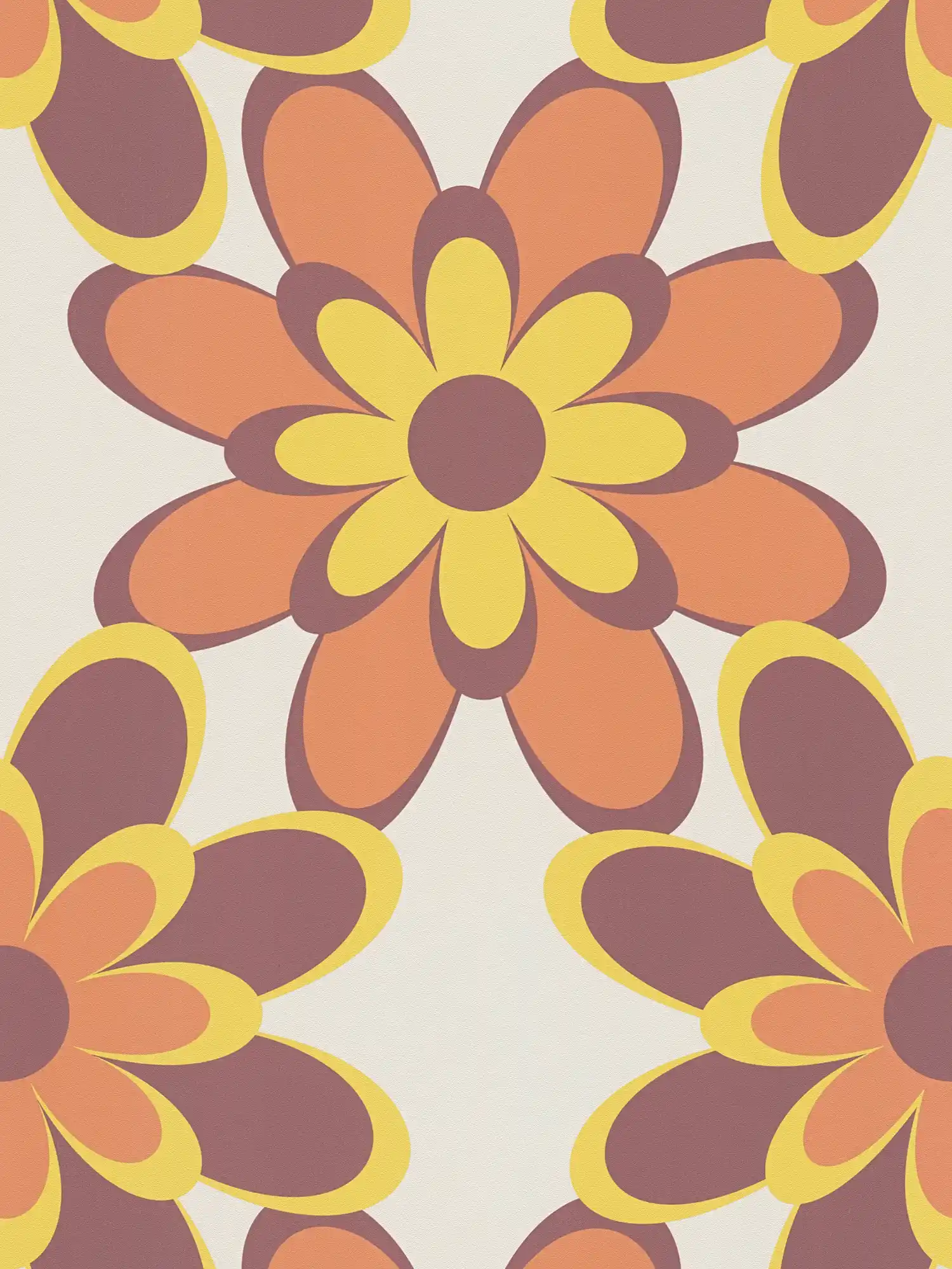         Retro Tapete 70er Blumenmuster – Orange, Gelb, Braun
    