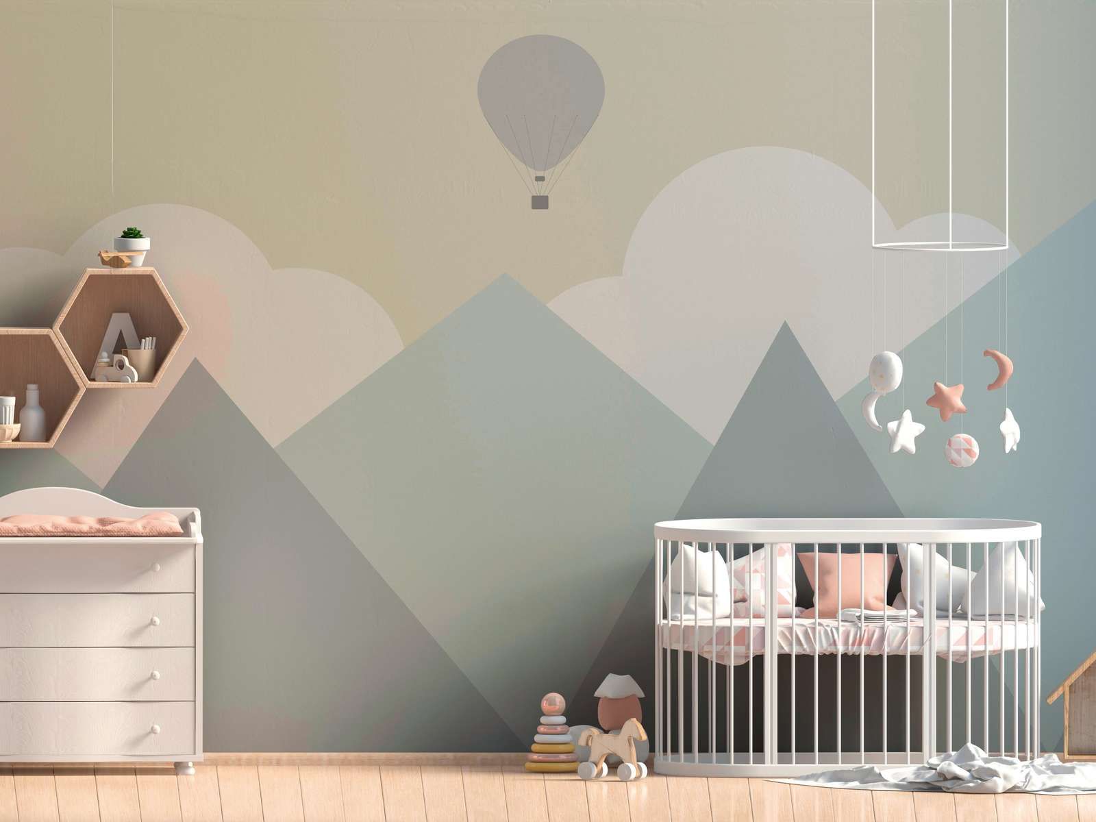 Fototapete Kinderzimmer Berge mit Wolken und Heißluftballon – Gelb, Grün, Grau