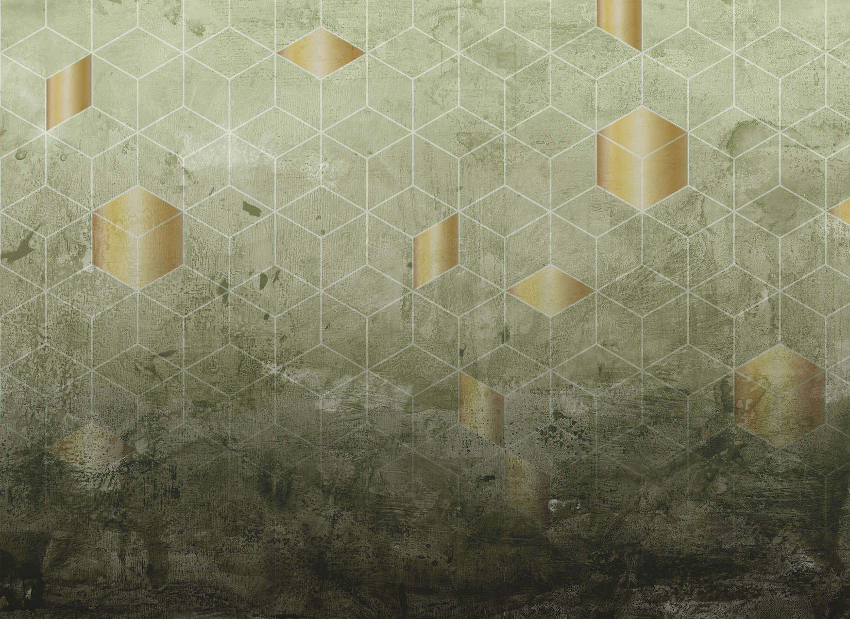             Fototapete quadratische Muster mit 3D Effekt – grün, Gold
        