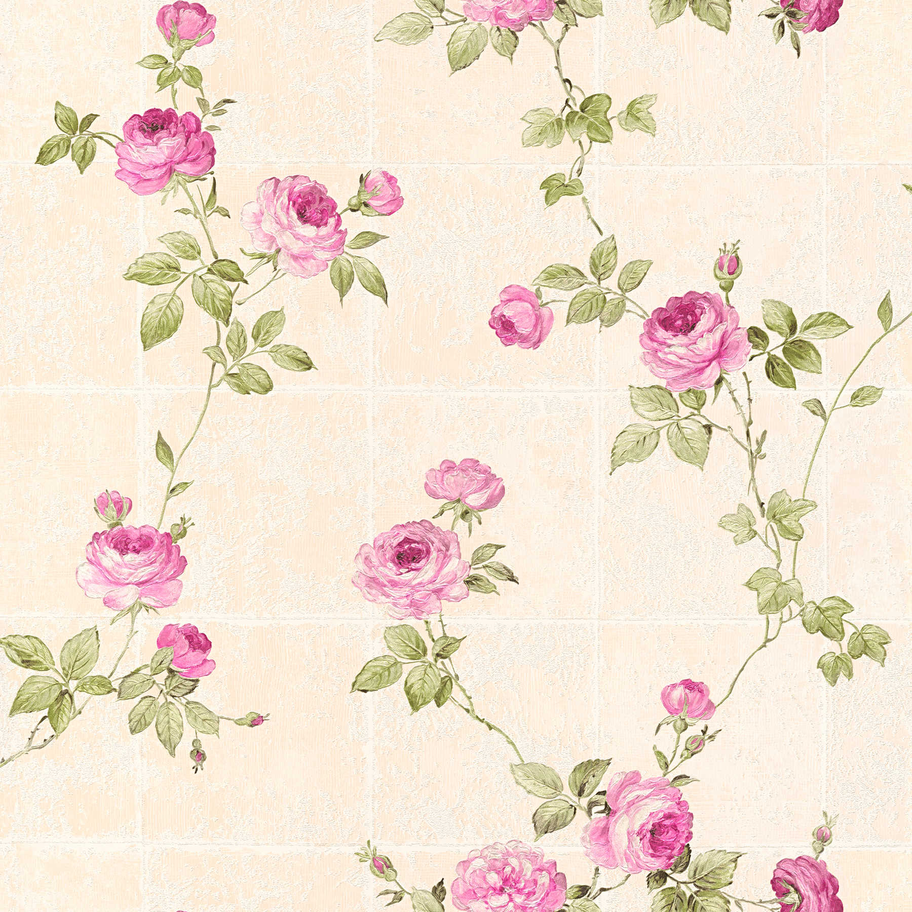 Fliesenoptik Tapete mit Rosenranken – Beige, Grün, Rosa
