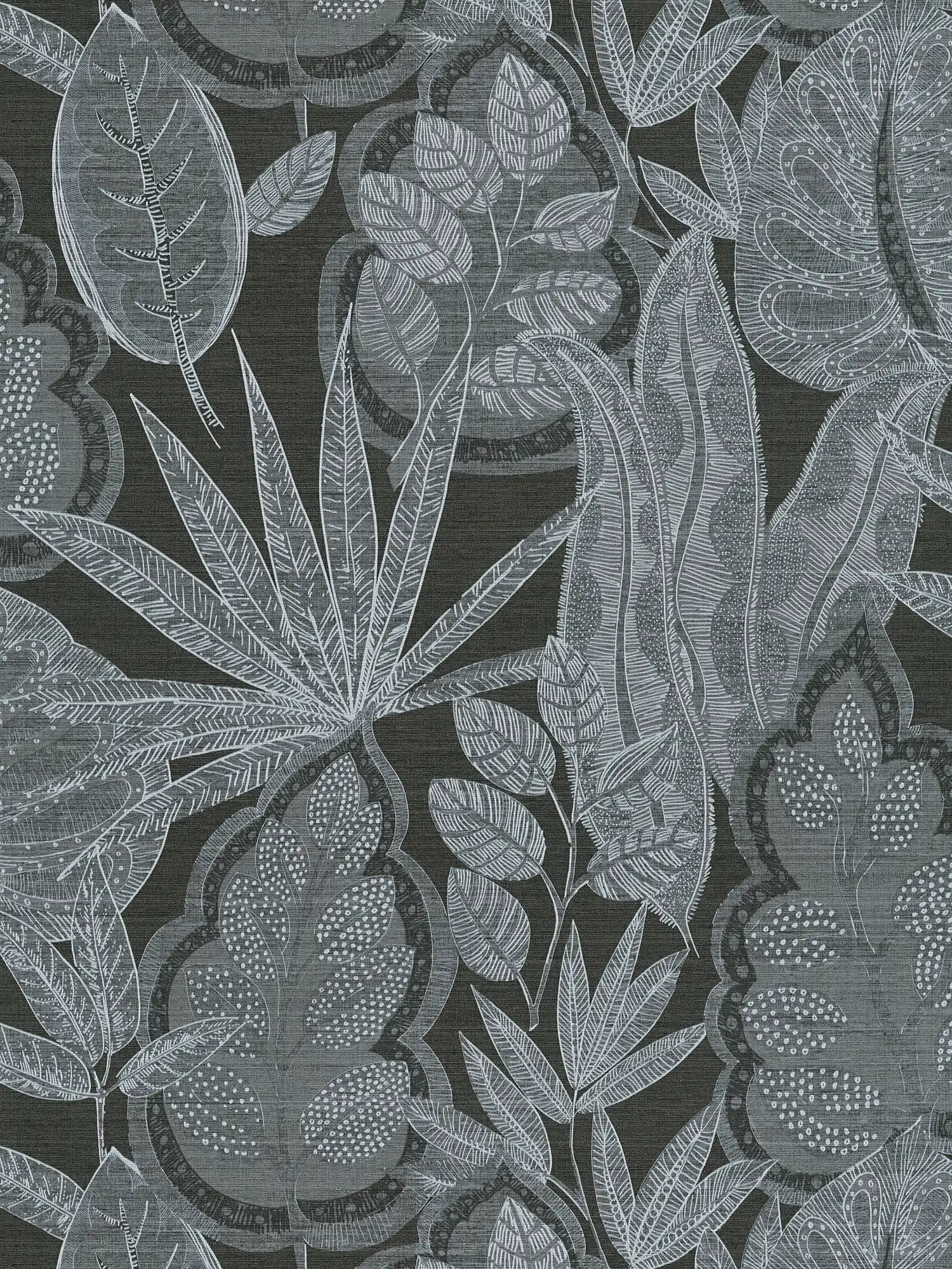 Florale Tapete im grafischen Design mit leichter Struktur, matt – Schwarz, Grau, Weiß
