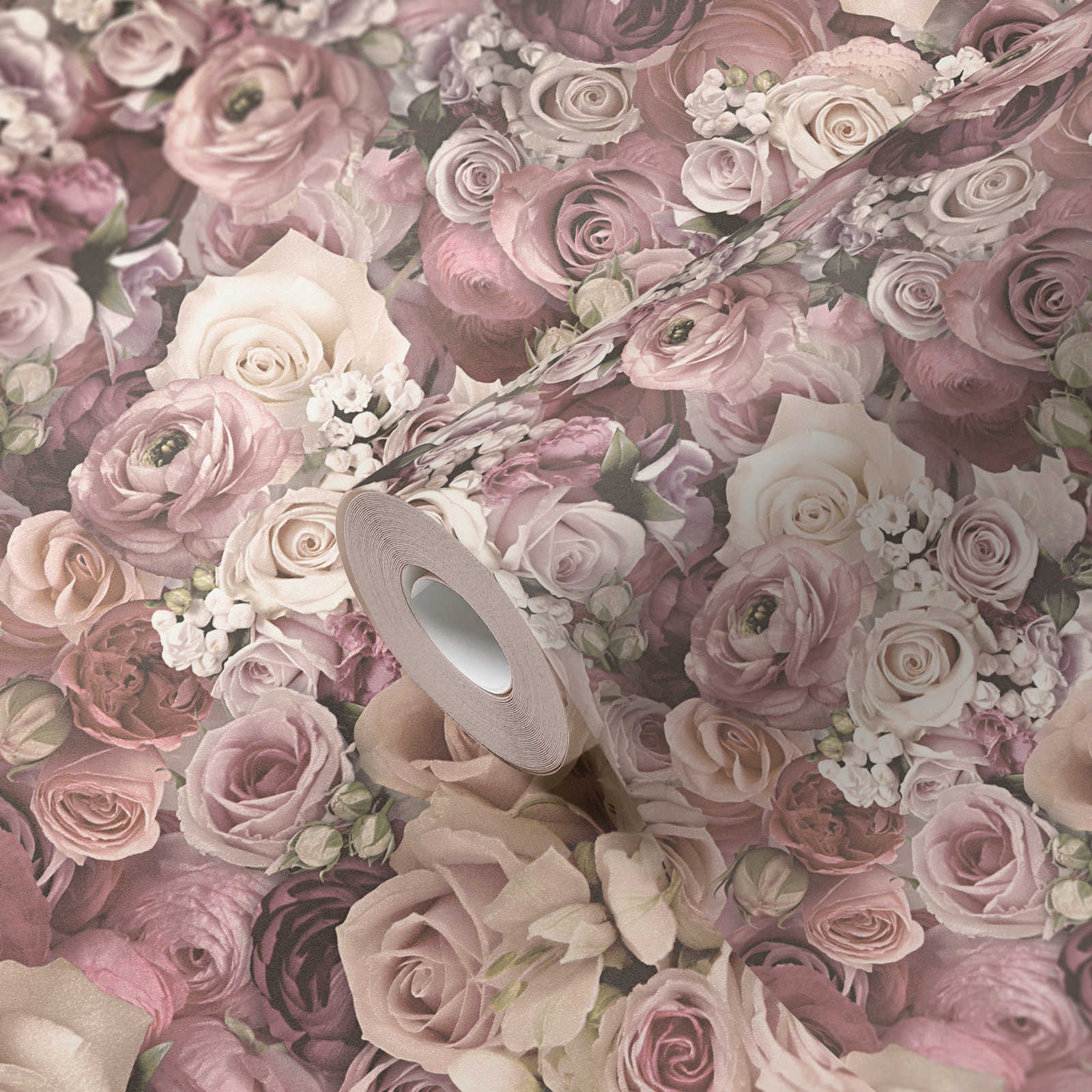             Tapete Rosen in zartem Rosa Blütenmeer – Creme
        