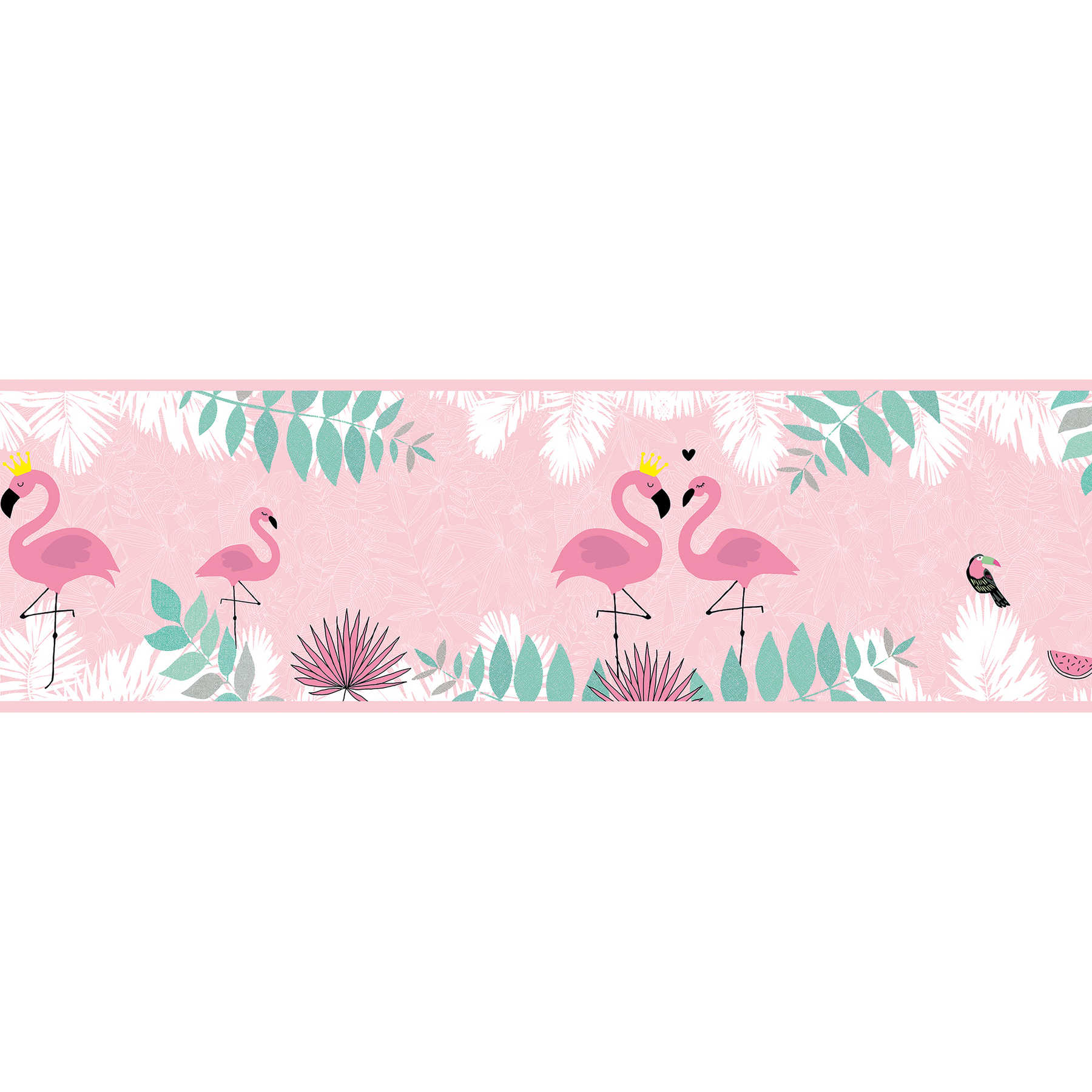         Paradiesische Flamingo Bordüre "Pink Flamingo Love" – Rosa, Grün, Weiß
    
