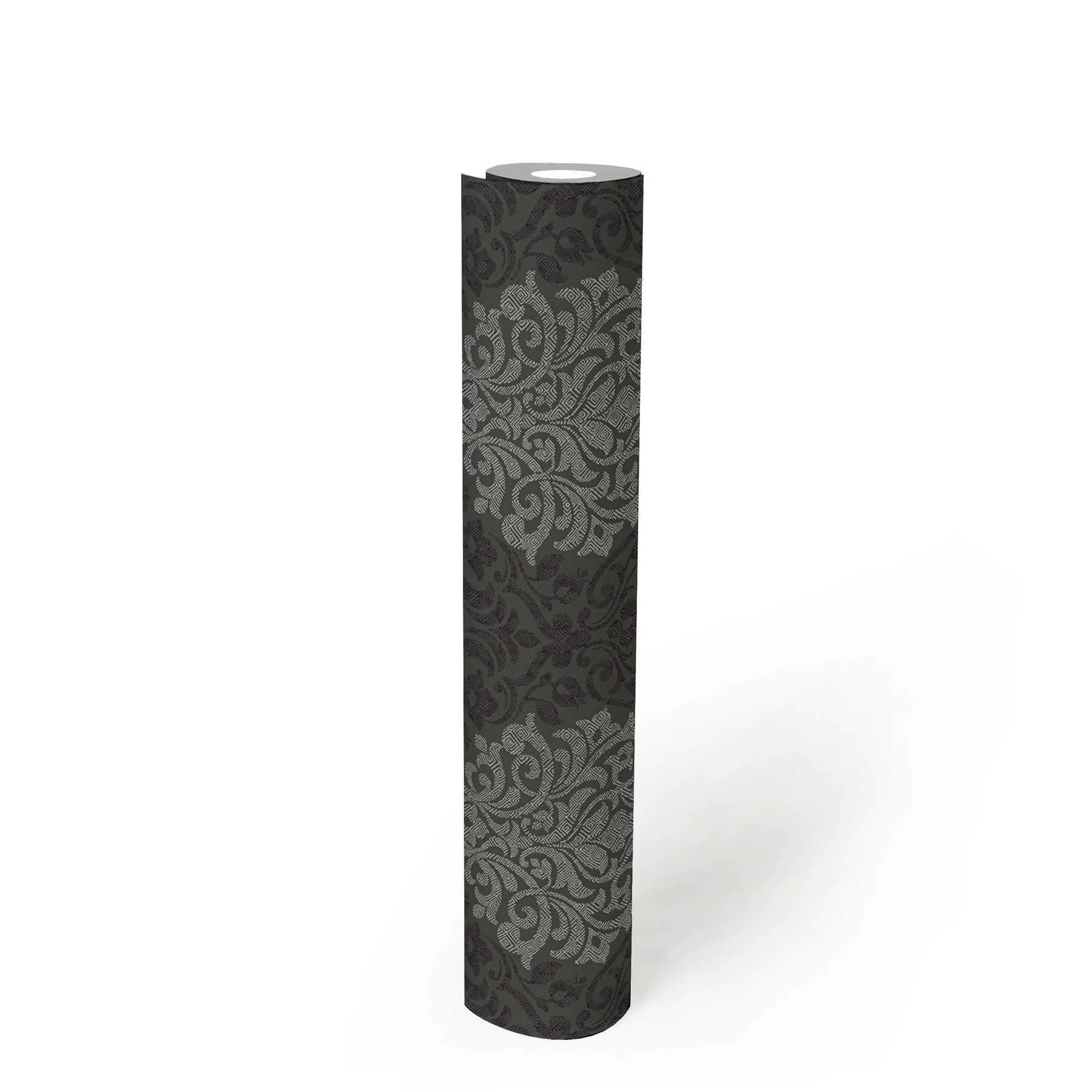             Florale Ornamenttapete Rautenmuster im Ethno-Stil – Silber, Schwarz, Grau
        