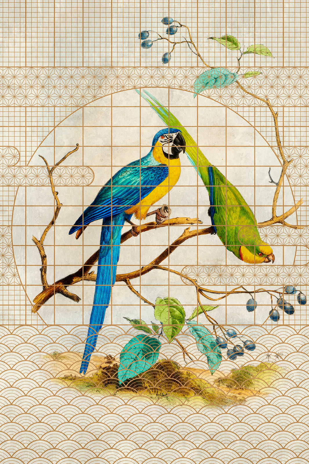             Voliere 3 - Leinwandbild Papagei & goldenes Muster im Vintage Stil – 1,20 m x 0,80 m
        