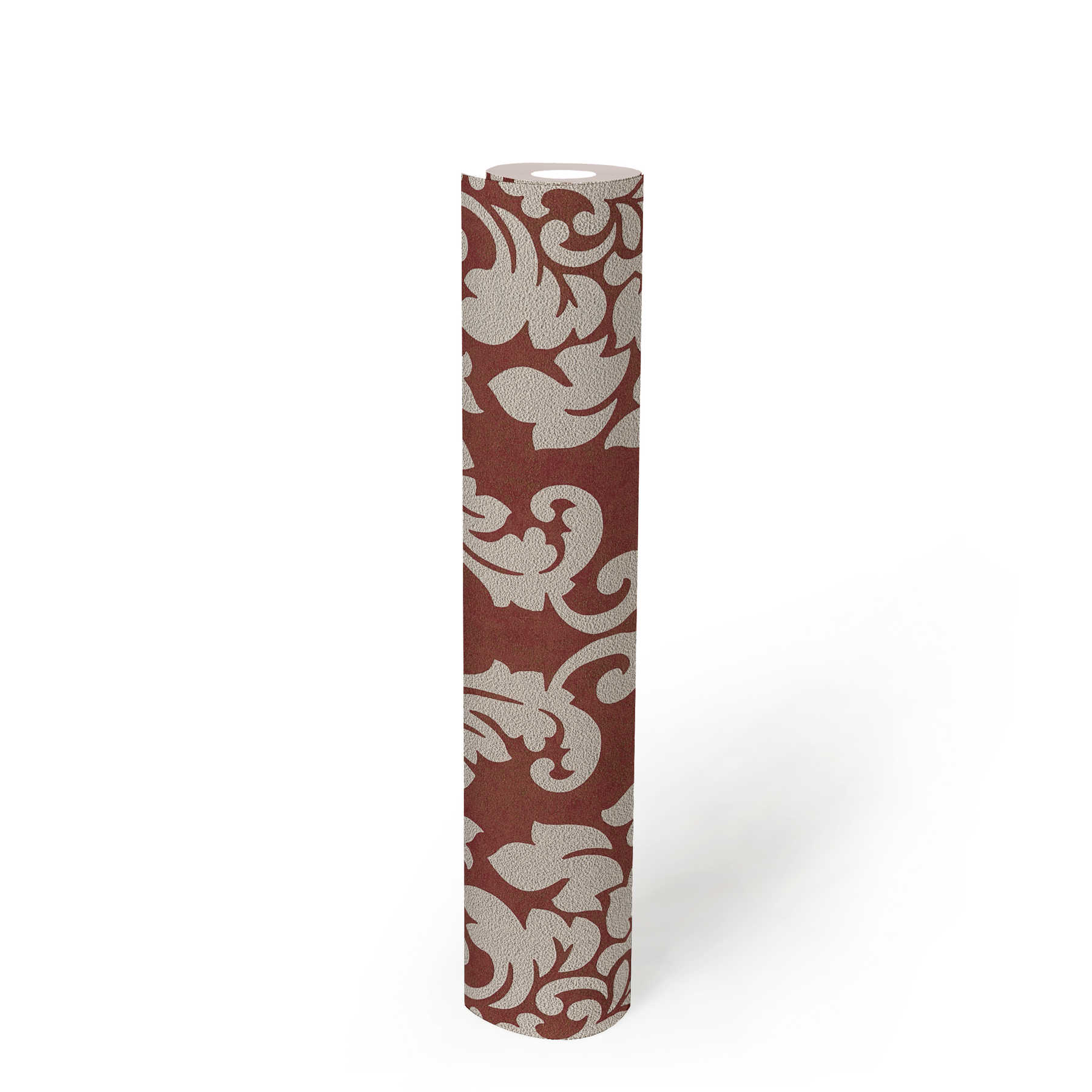             Florale Ornamenttapete mit Metallic-Effekt – Rot, Gold, Beige
        